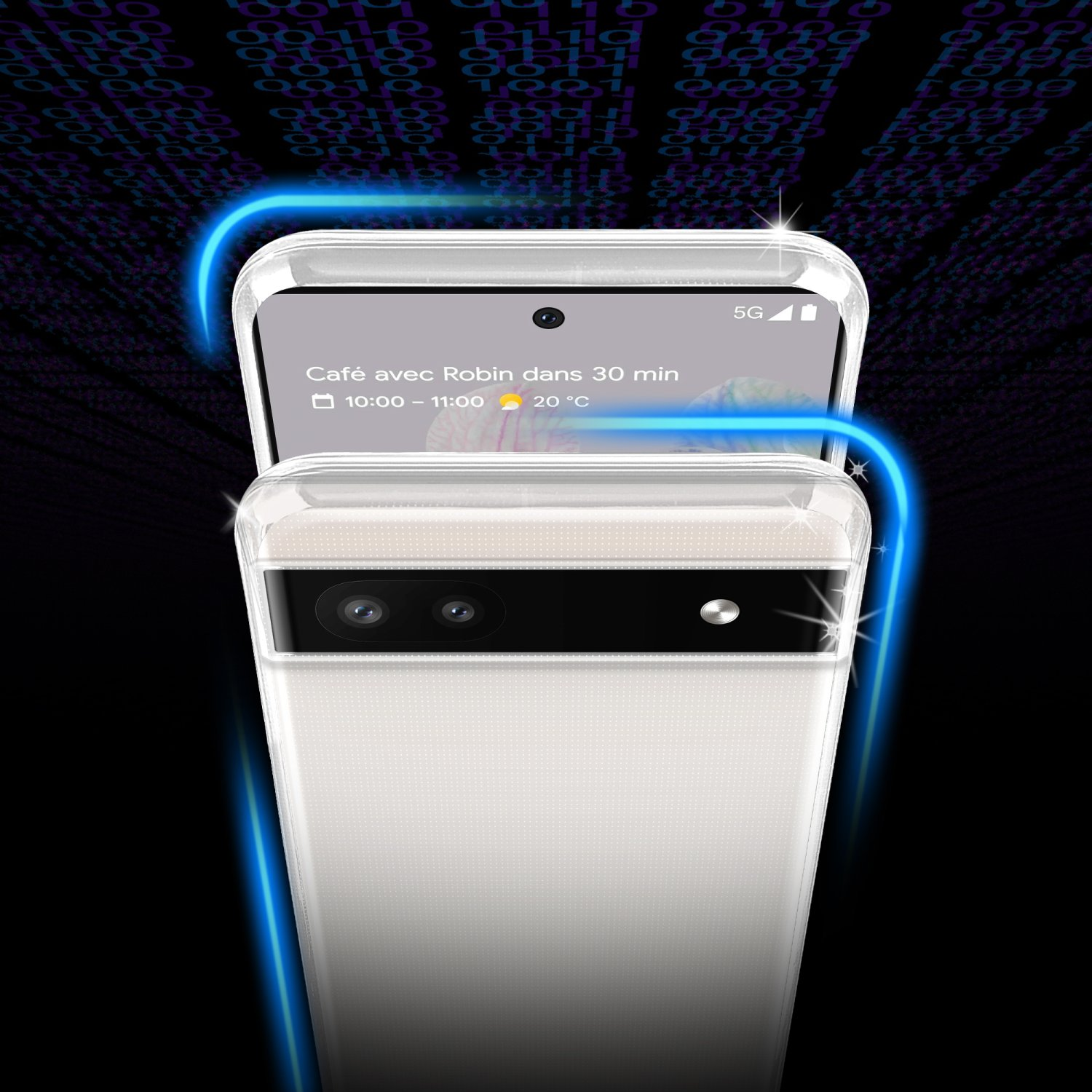 Primo piano di un telefono in una custodia trasparente con schermo che mostra una notifica di caffè.