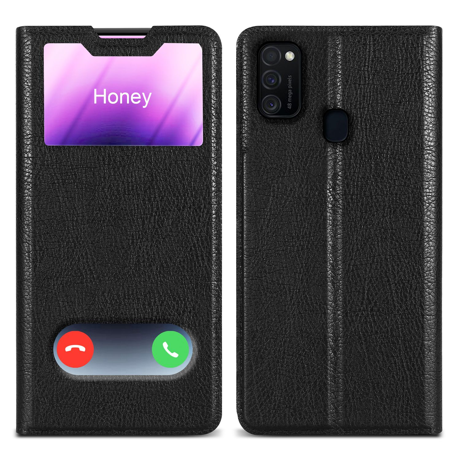 Custodia nera per telefono, mostra schermo con chiamata in corso. Dice "Honey" e ha pulsanti chiamata.