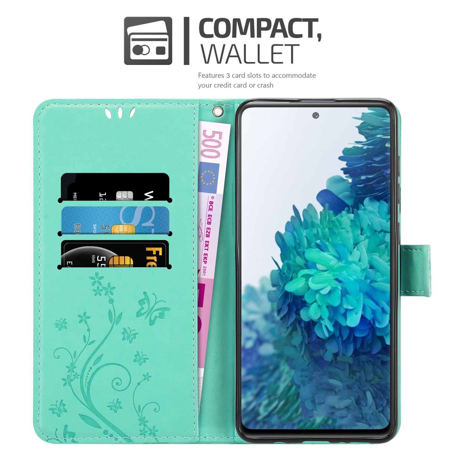 Flower FLORAL TÜRKIS Samsung, CADORABO FE, Hülle Bookcover, S20 Muster Blumen Galaxy Case,