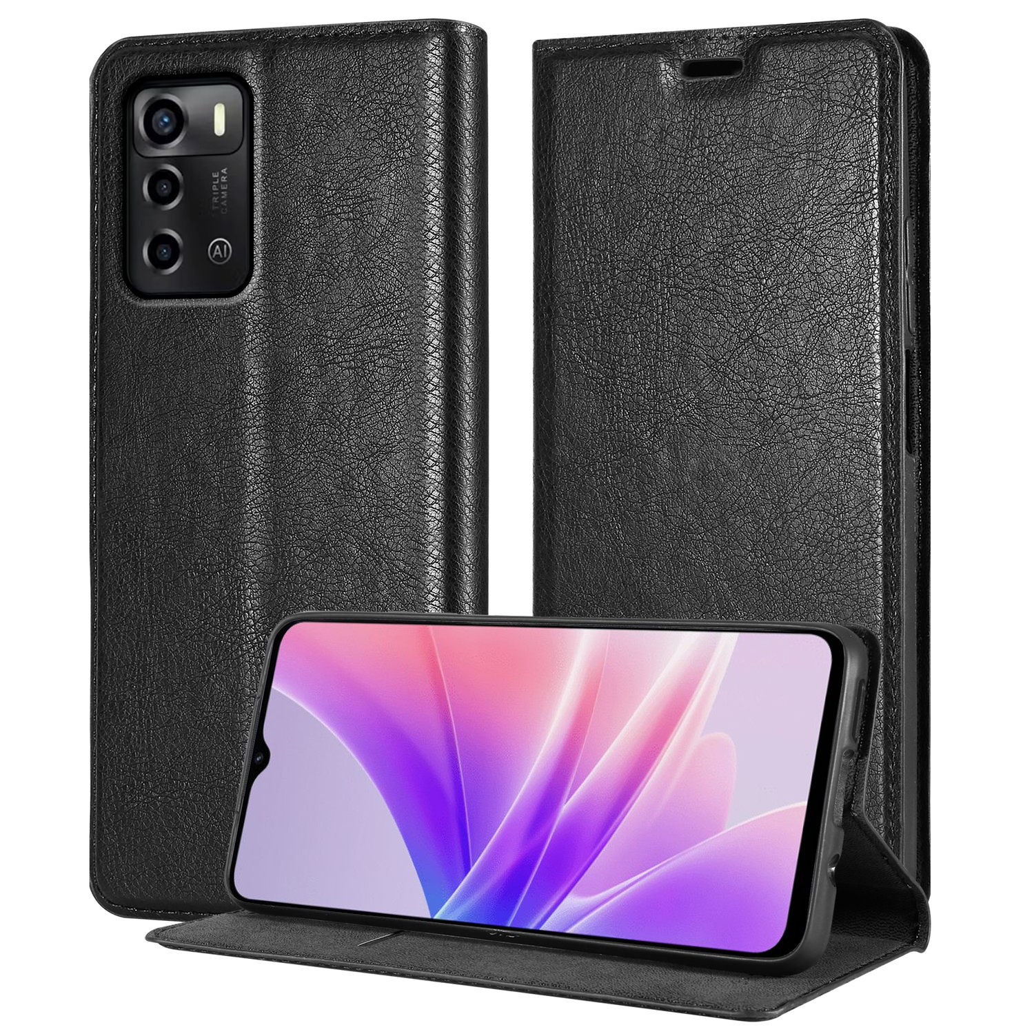 Schwarze Handyhülle mit Telefon darin. Das Telefon ist geöffnet und zeigt einen pink-lila Bildschirm.