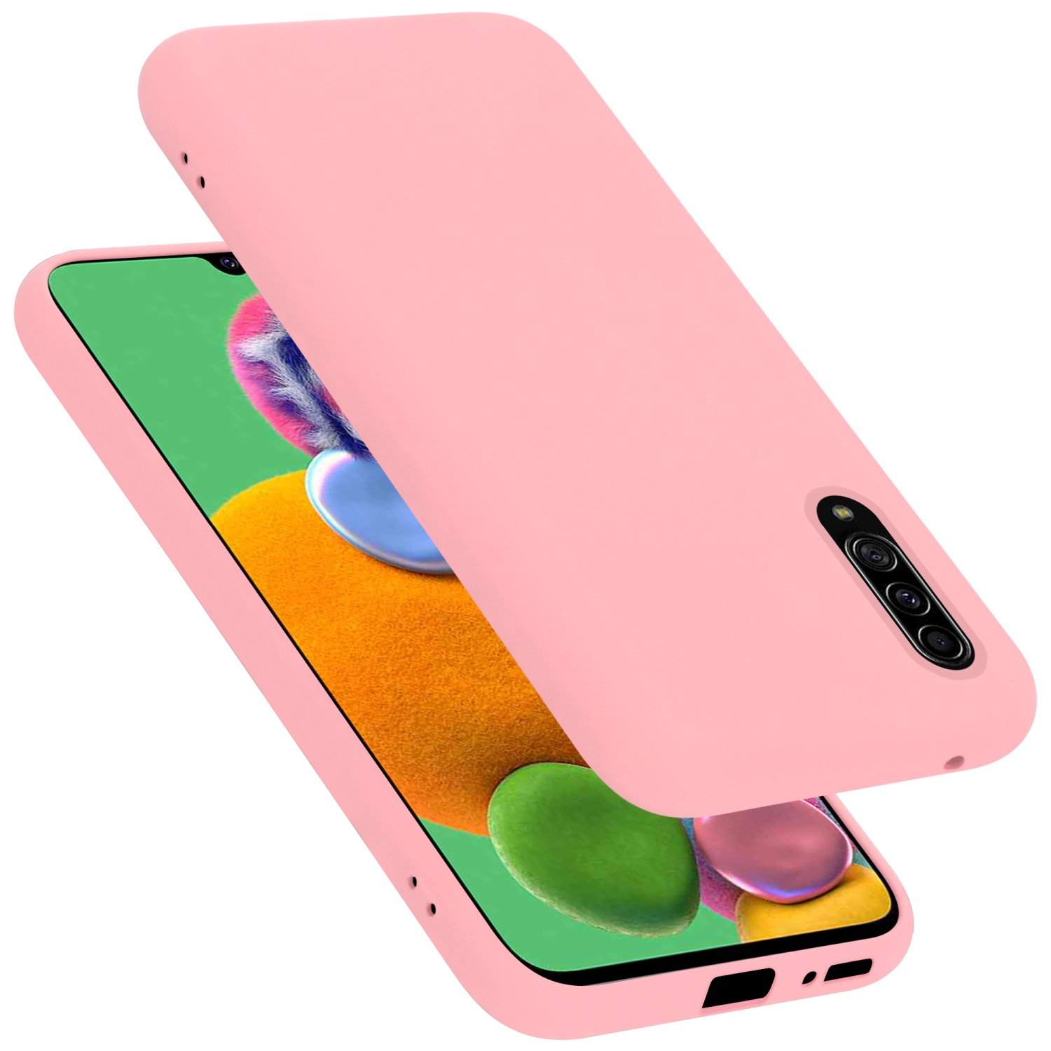 Rosa Handyhülle mit einem Telefon. Das Telefon ist rosa mit Kameraobjektiven.