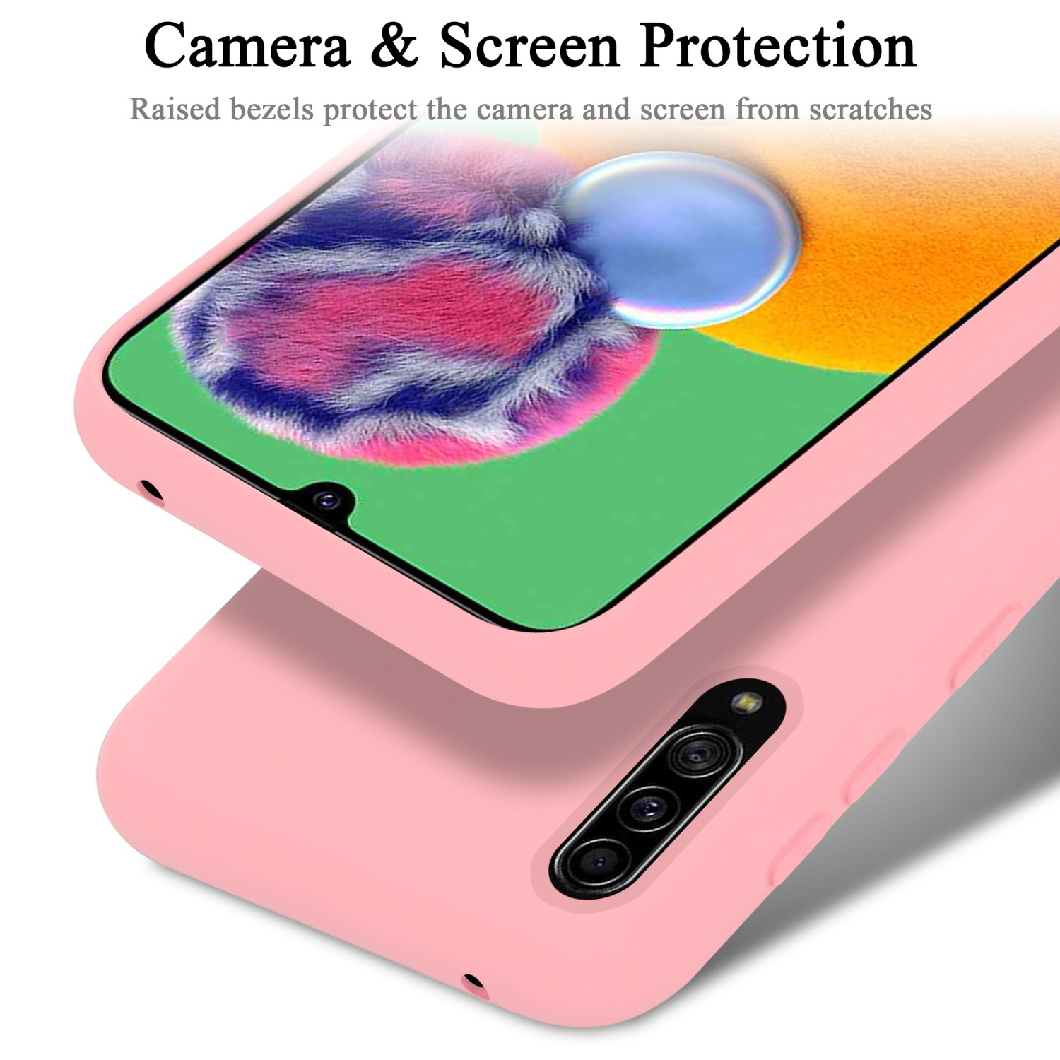 Eine pinkfarbene Handyhülle schützt ein Telefon. Die Hülle hat einen Kameraausschnitt und einen erhöhten Rand.