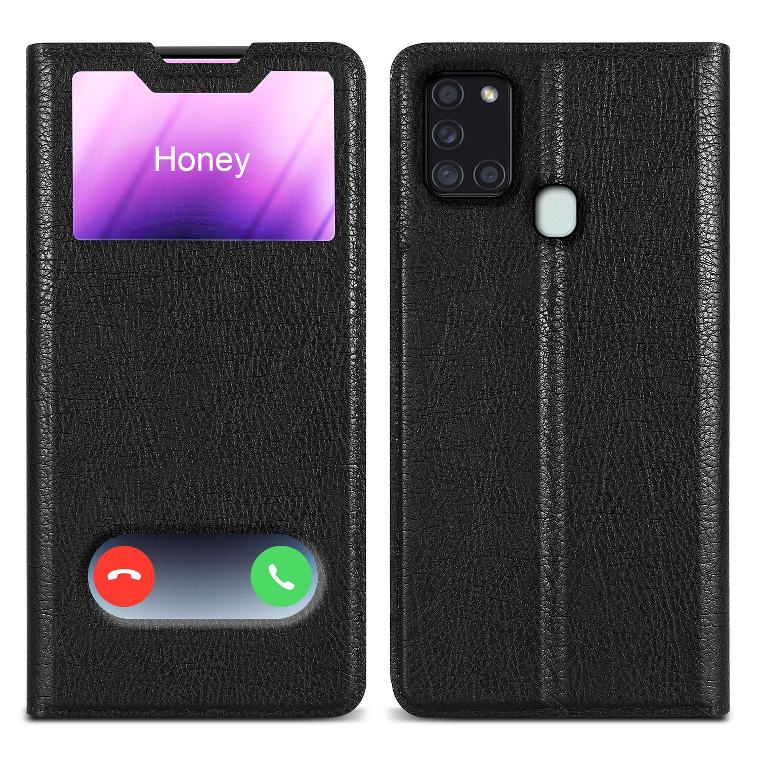 Étui de téléphone noir, ouvert pour afficher l'écran avec Honey, téléphone, fond noir.