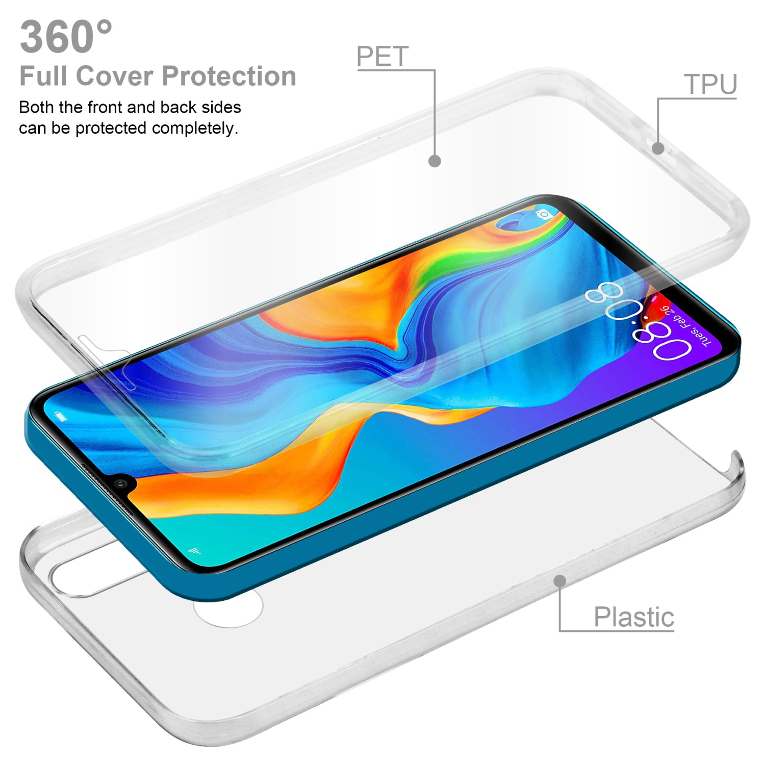 Telefon mit Schutzhülle, transparente Abdeckung und TPU-Kanten. Das Telefon zeigt einen bunten Hintergrund.