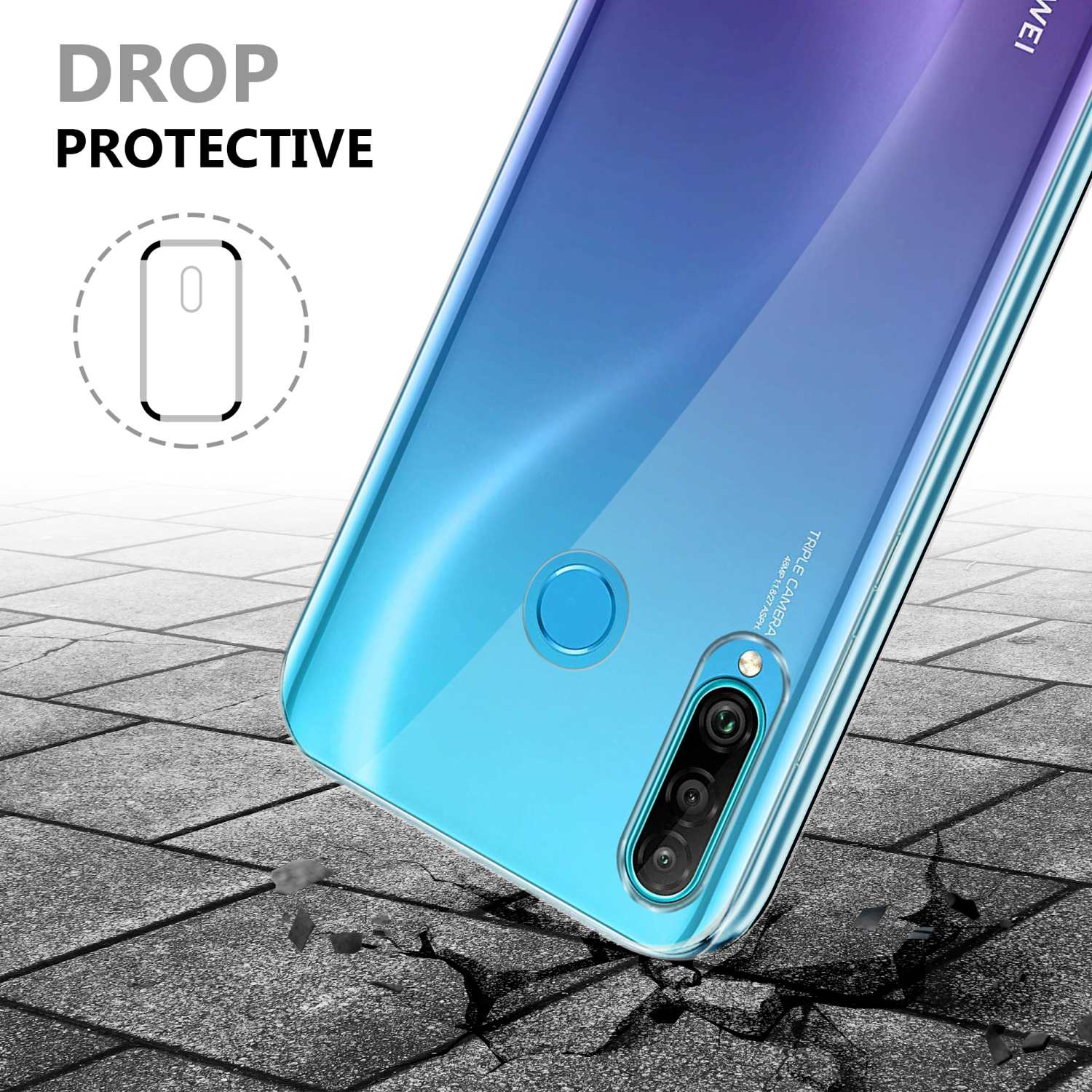 Rückseite des Telefons mit blauem Farbverlauf. Das Telefon befindet sich in einem Gehäuse. Das Bild deutet auf Fallschutz hin.
