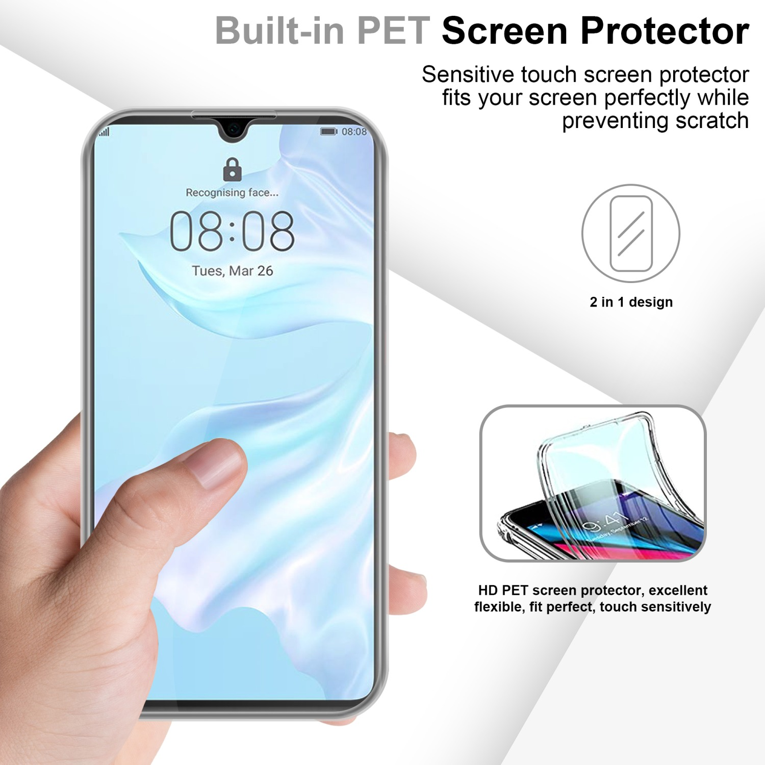 Mano che tiene il telefono con protezione schermo. Il telefono mostra ora e data.