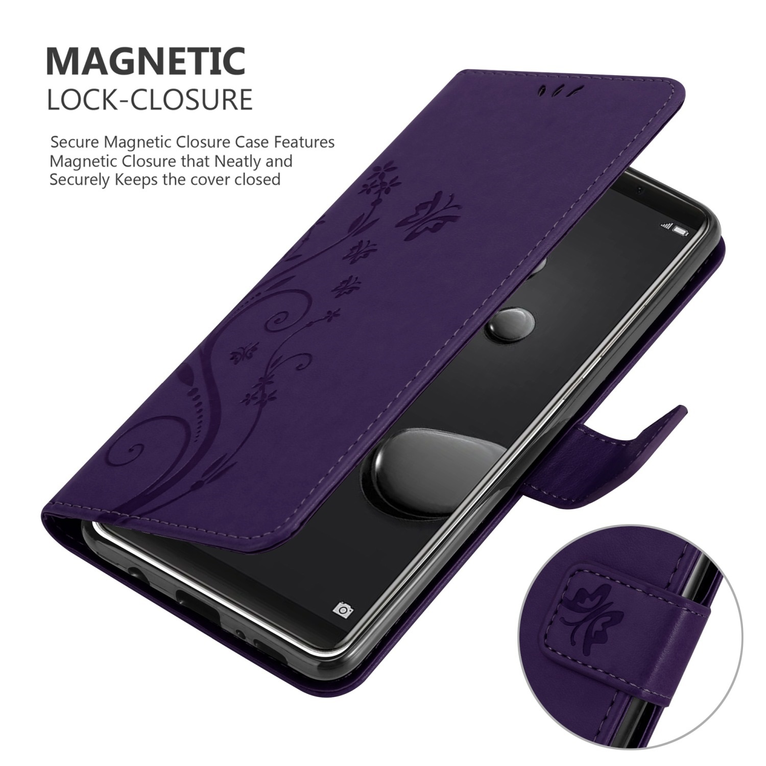Étui de téléphone violet avec un motif floral, ouvert pour montrer le téléphone et les cartes de crédit. La fermeture magnétique est affichée.