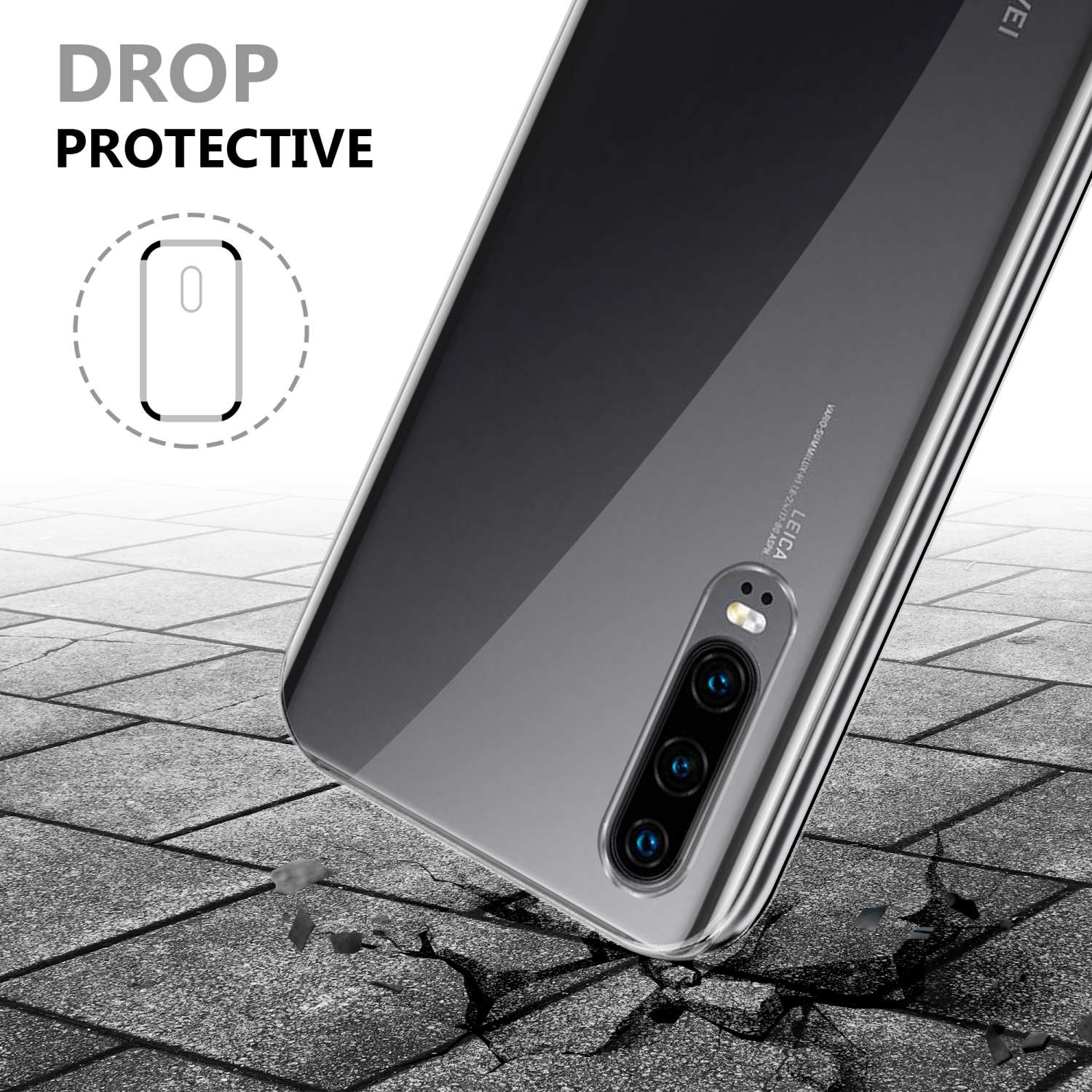 Un telefono con custodia trasparente sta per cadere, dimostrazione di protezione dalle cadute.