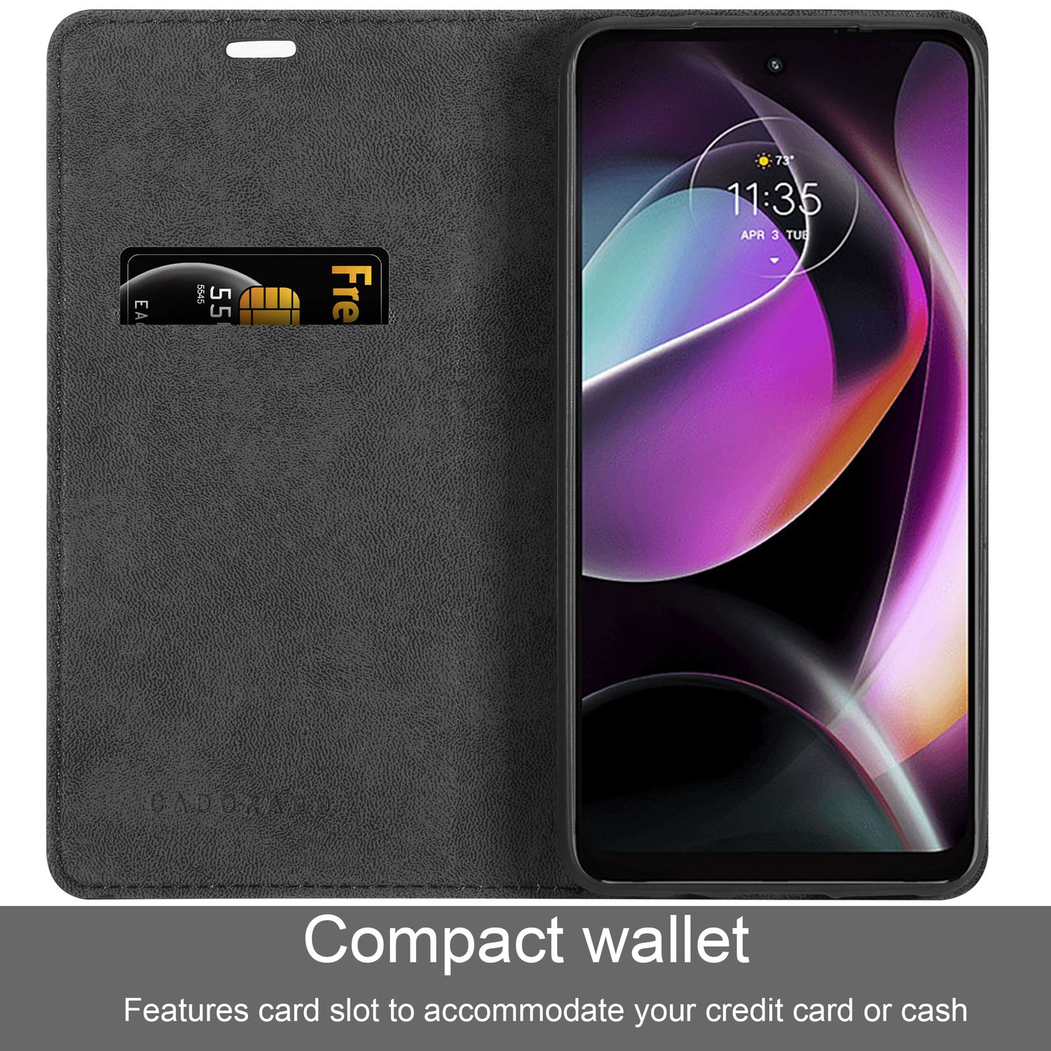 Custodia per telefono nera con fessura per carta di credito, un telefono all'interno e visualizzazione dell'ora.