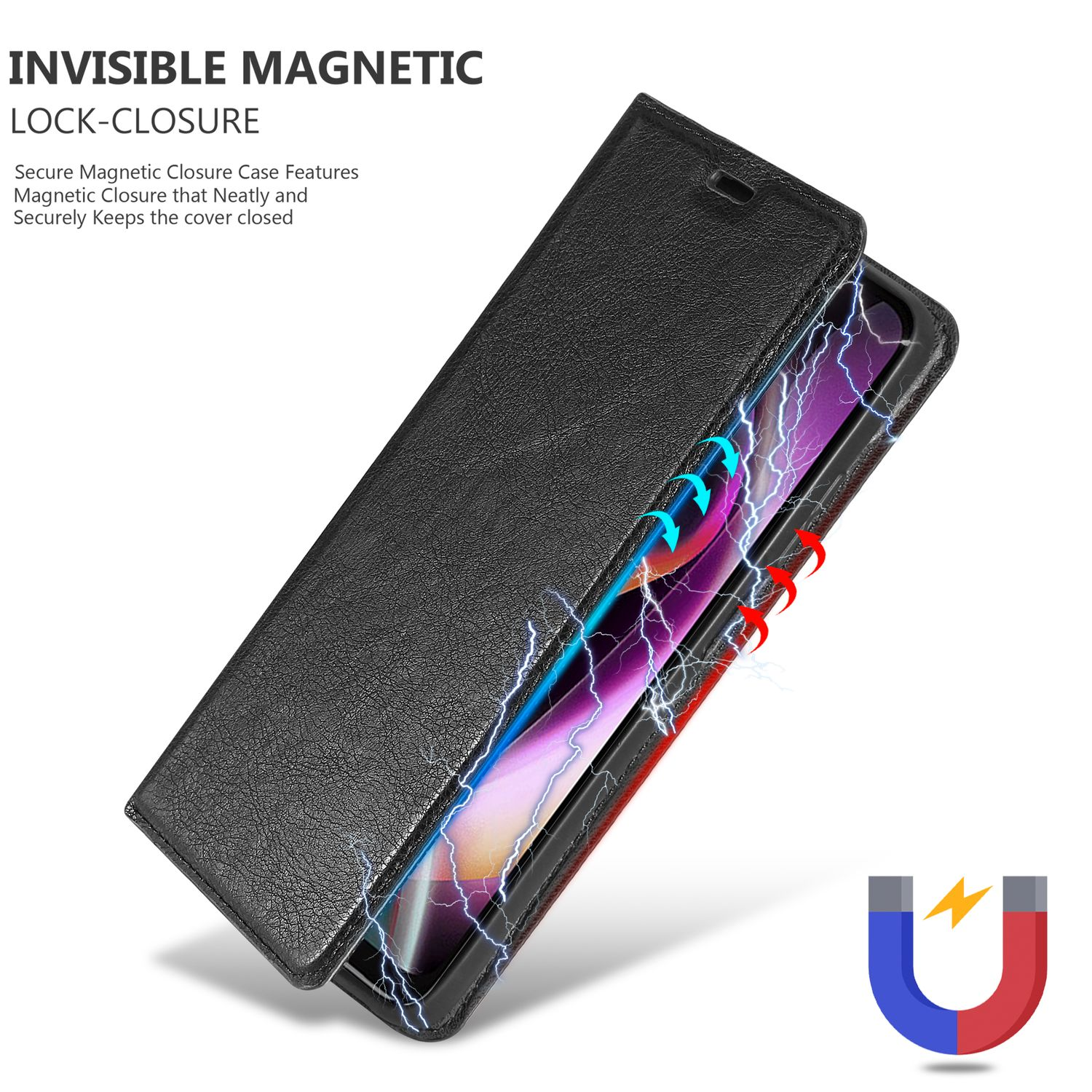 Custodia del telefono nera aperta, con un disegno a fulmine sullo schermo del telefono. Un magnete è mostrato in basso.