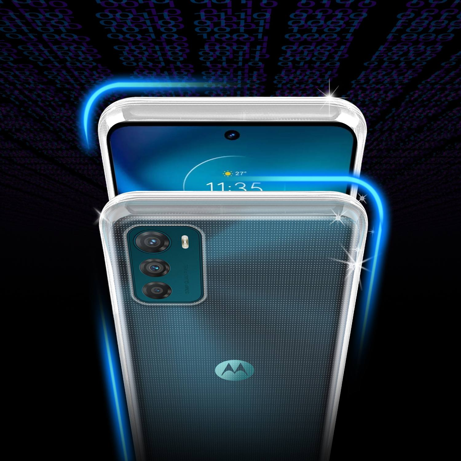 Telefono in custodia trasparente con logo Motorola e sfondo a codice binario.