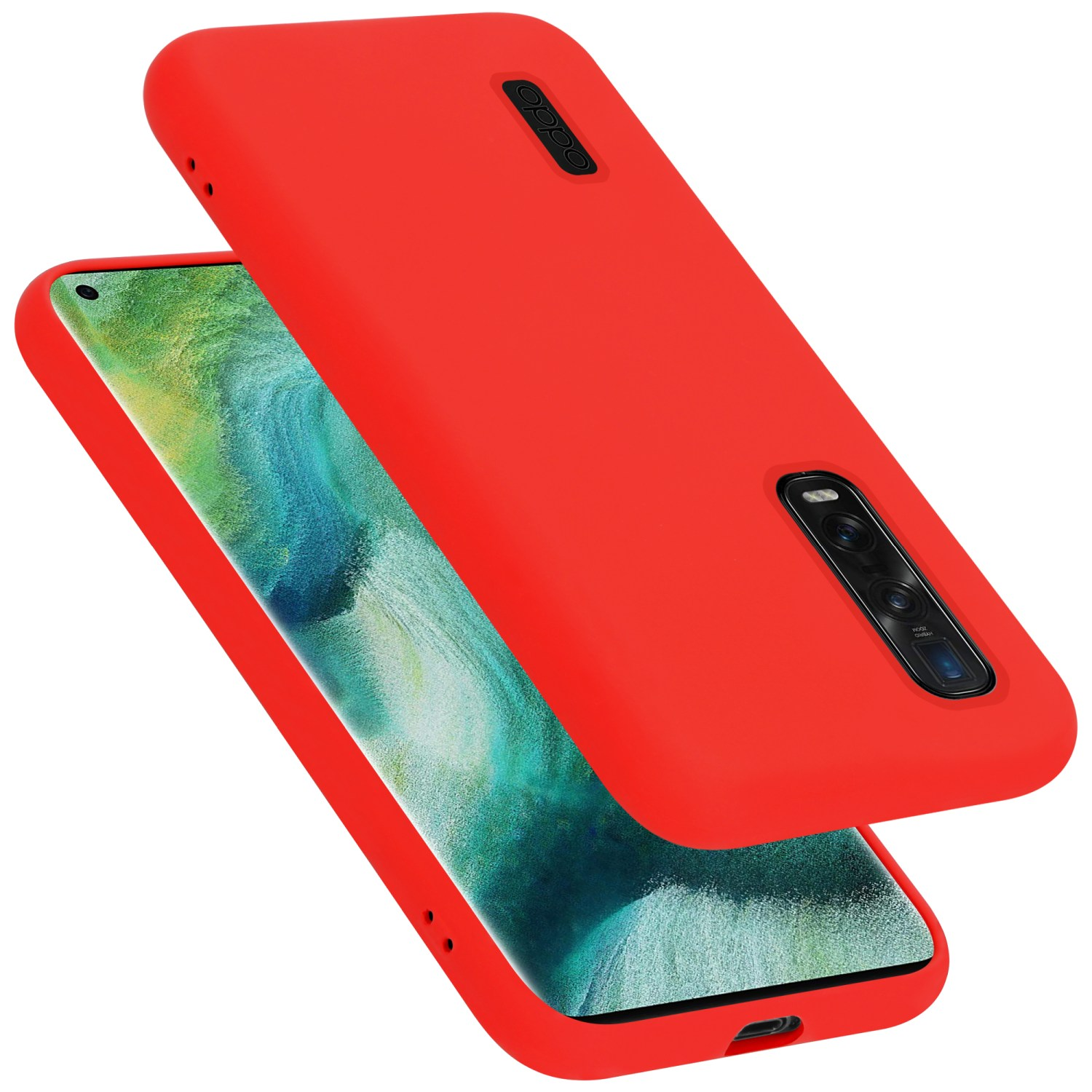 Rote Handyhülle mit Telefon. Rote Hülle, Telefon mit Bildschirm, schräge Ansicht.