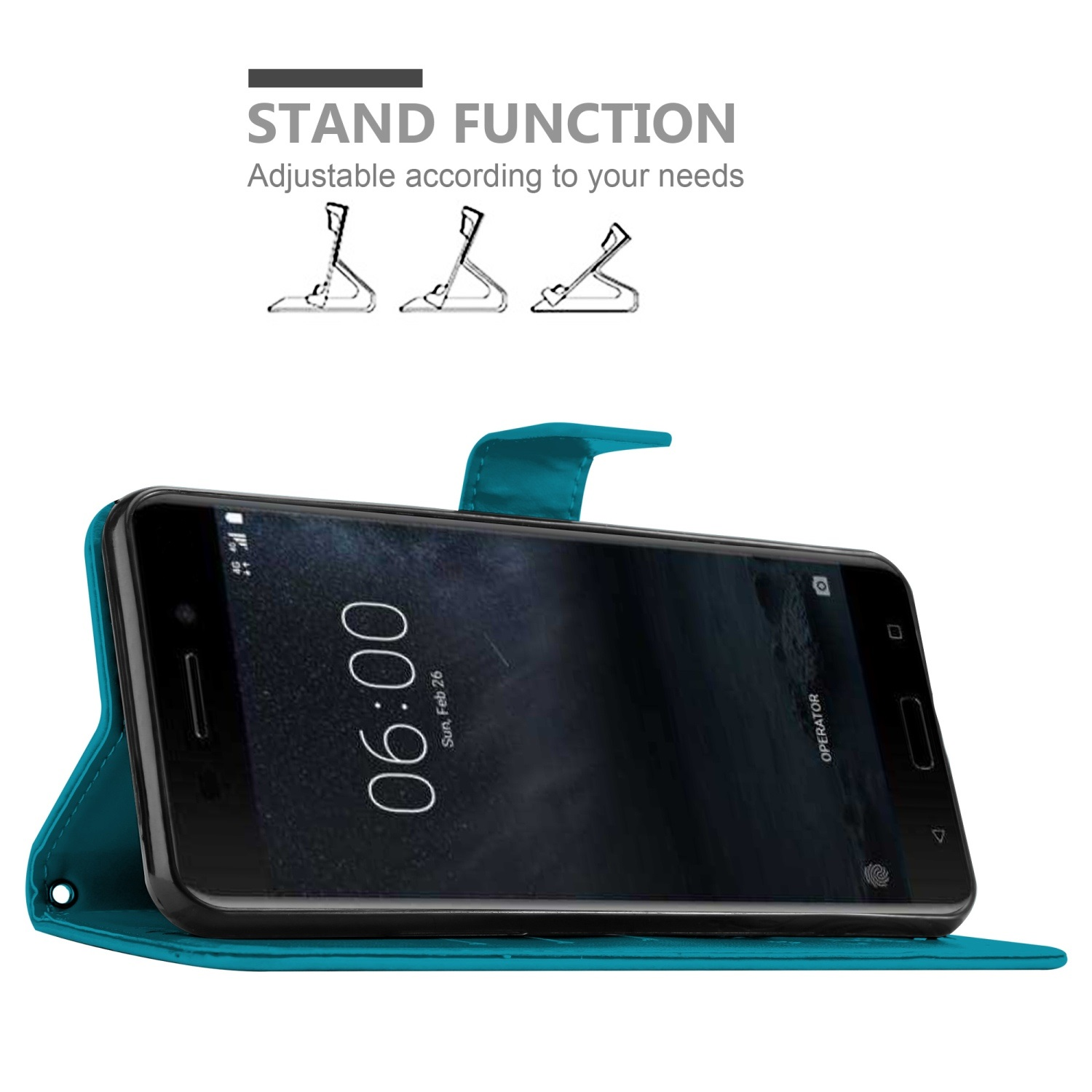 Custodia per telefono verde acqua con un telefono all'interno, che mostra l'ora e il grafico della funzione stand.