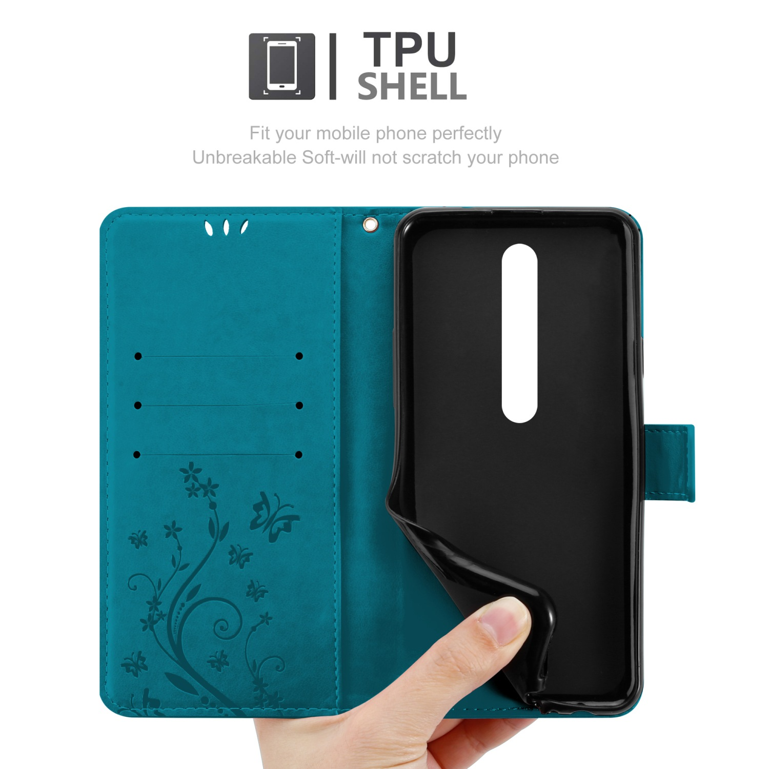 Custodia per telefono verde acqua aperta. L'interno mostra il telefono e un motivo floreale. La scocca in TPU protegge il telefono.