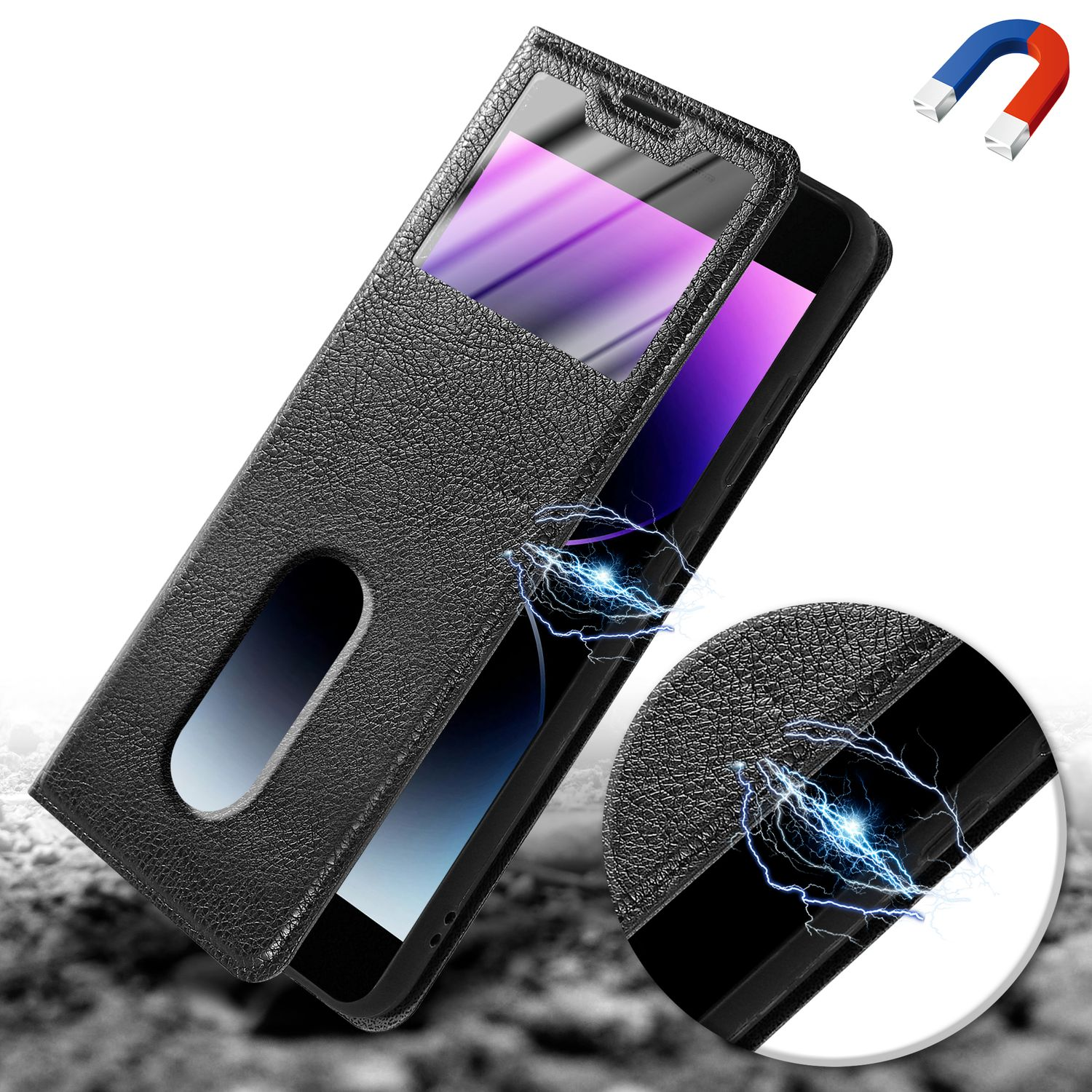 Una custodia nera per telefono con finestra trasparente e telefono con schermo. La custodia ha un effetto magnetico.