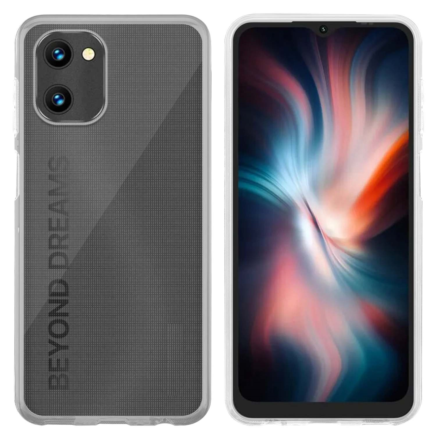 Custodia a sinistra, telefono a destra, con testo 'BEYOND DREAMS' sulla custodia.