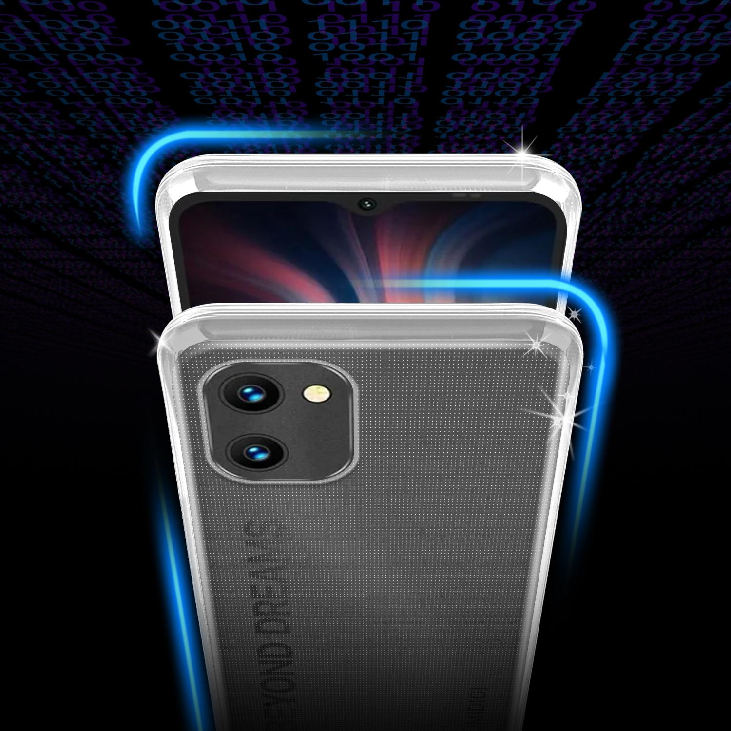 Una custodia trasparente con un telefono all'interno. Il telefono è nero e riporta la scritta BEYOND DREAMS.