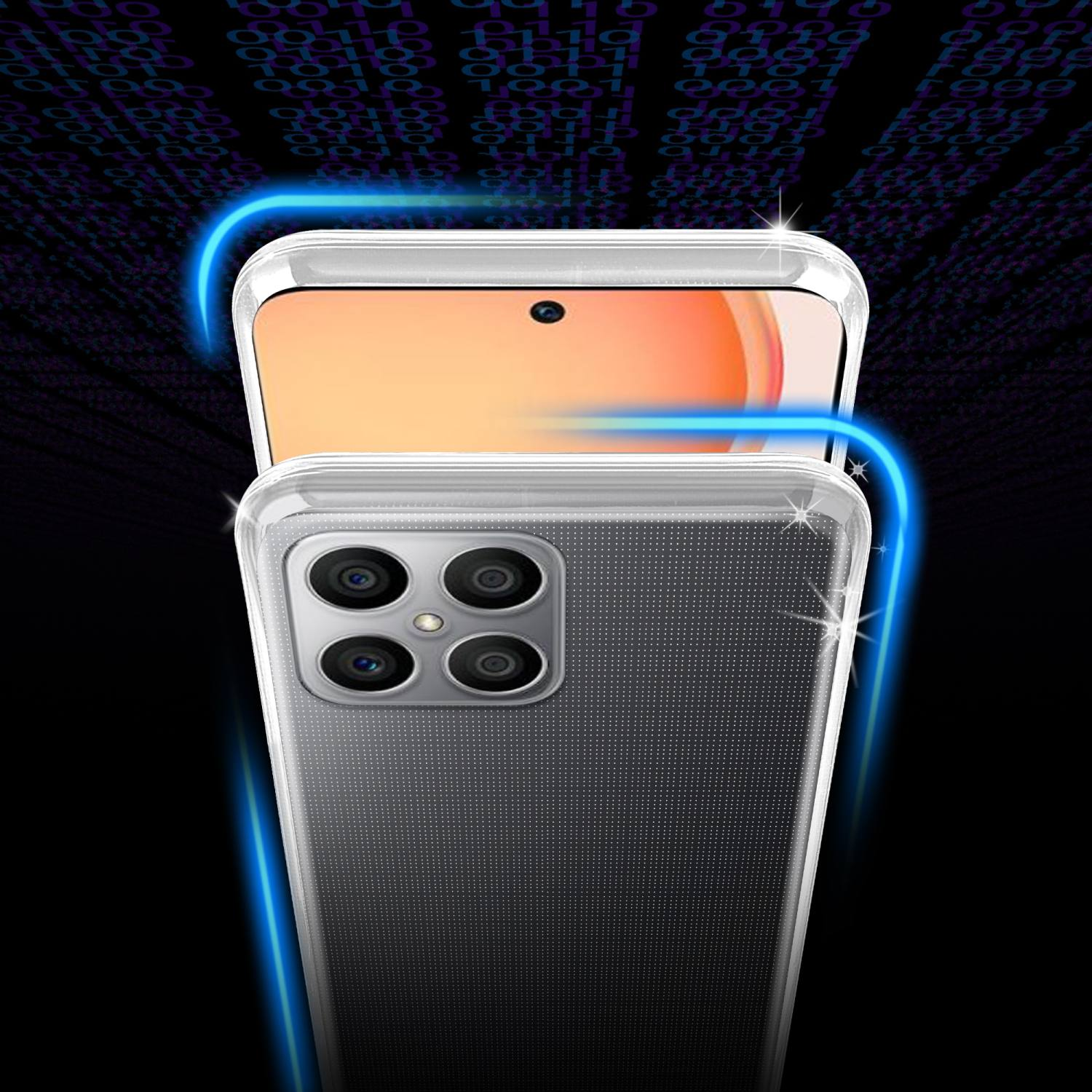 Eine klare Handyhülle wird auf ein Telefon gelegt und zeigt die Rückseite und den Bildschirm.