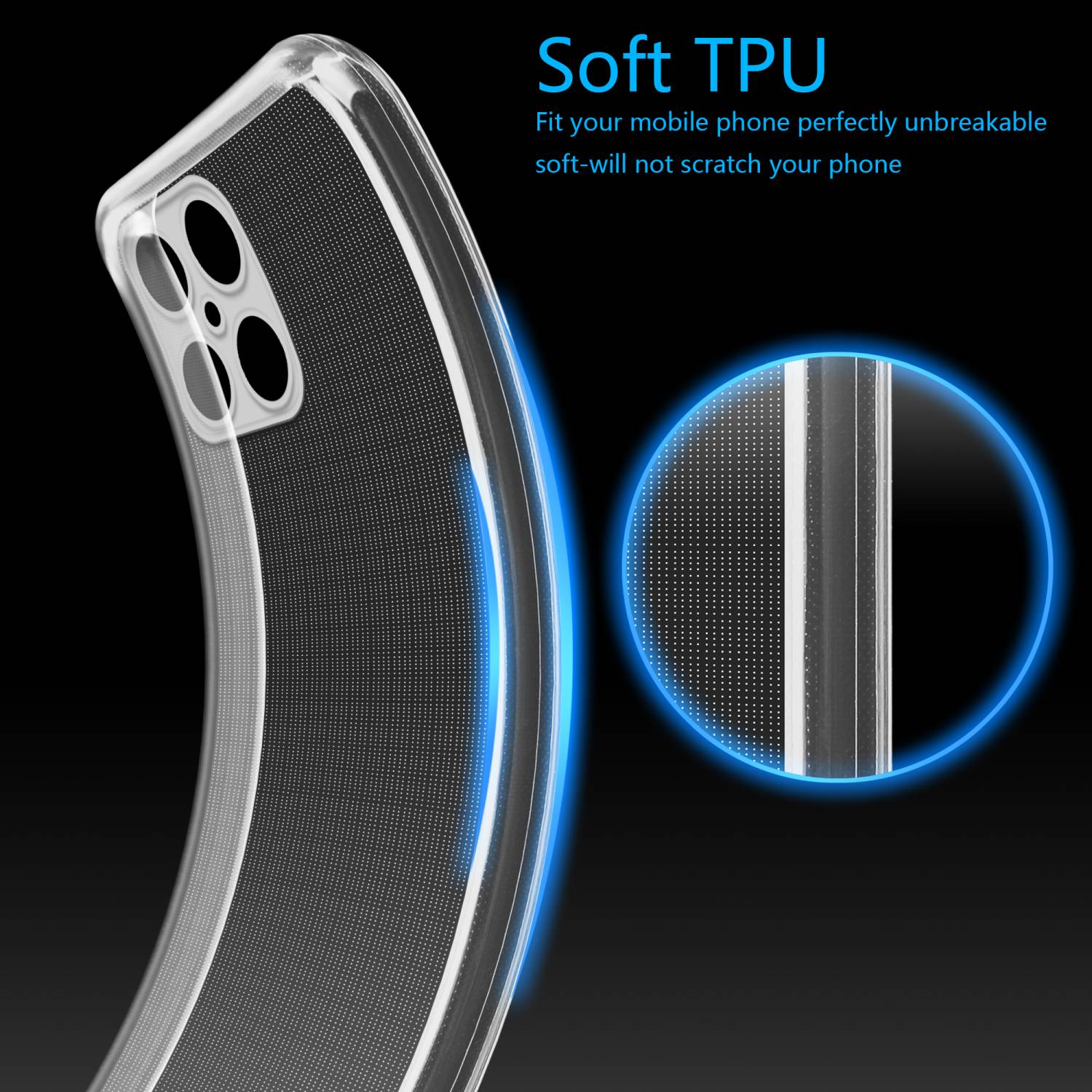 Eine transparente Handyhülle mit Telefon. Die Hülle ist klar, mit gepunktetem Innenmuster. Schwarzer Hintergrund.