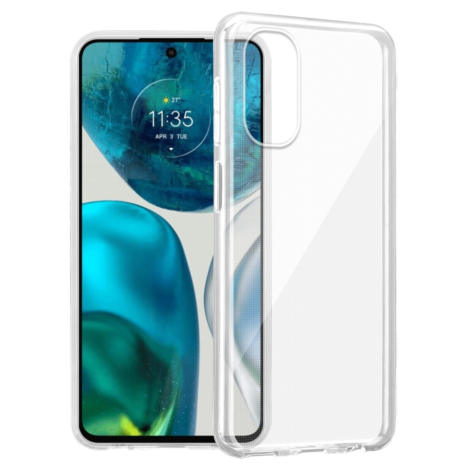 Custodia trasparente su un telefono. Sfondo bianco.