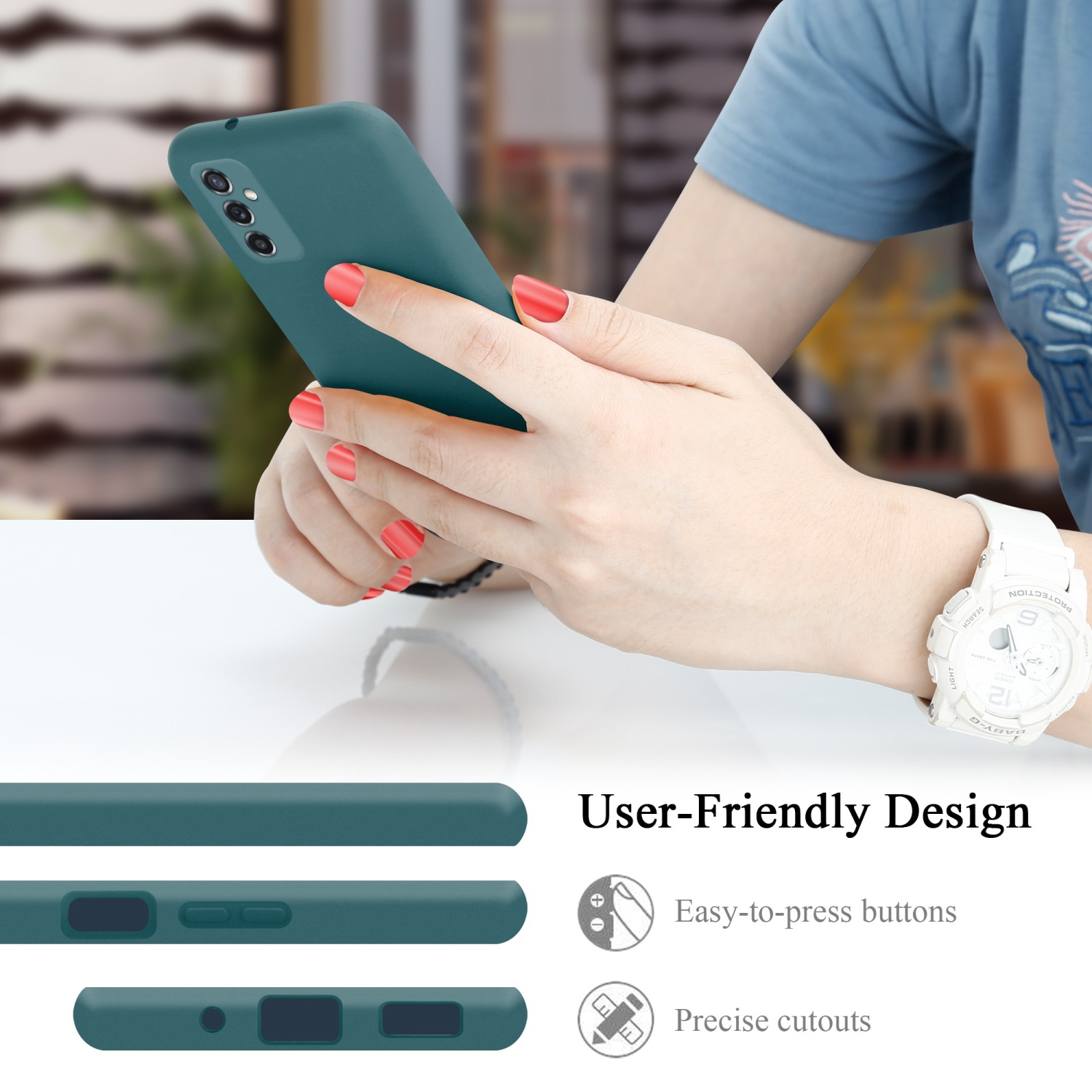 Una donna tiene in mano un telefono con una custodia verde acqua. Design intuitivo con pulsanti facili da premere.