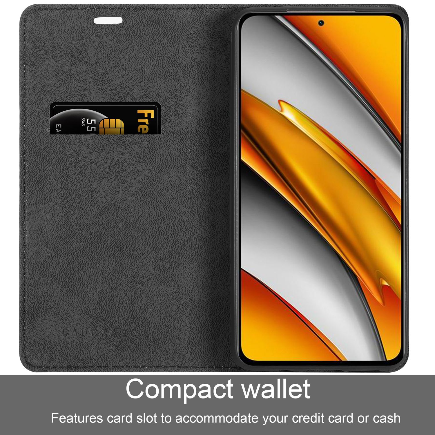 Custodia nera per telefono con fessura per carta di credito. Il telefono mostra un motivo dorato e colorato.