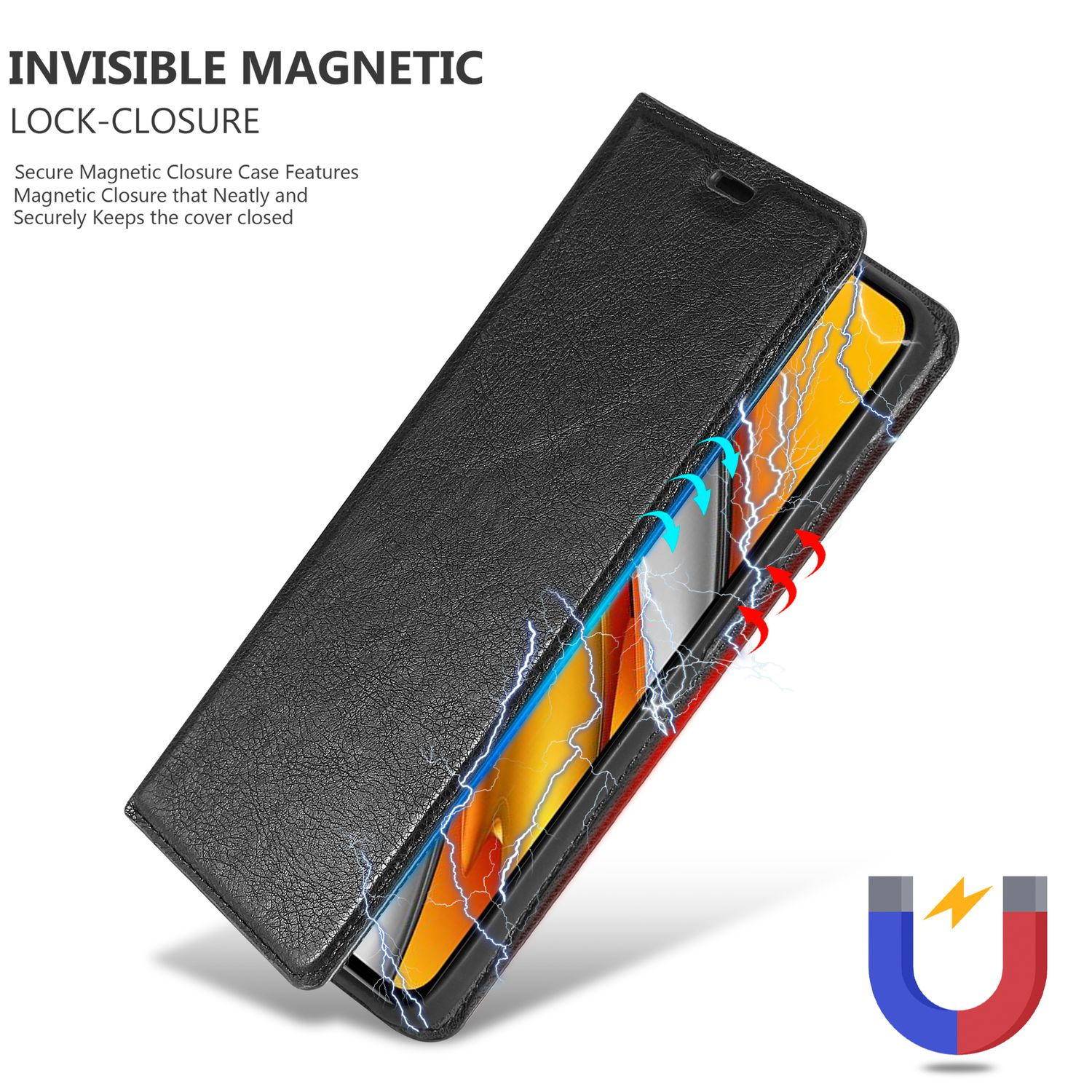 Custodia nera con chiusura magnetica, effetto fulmine e un magnete a forma di U.
