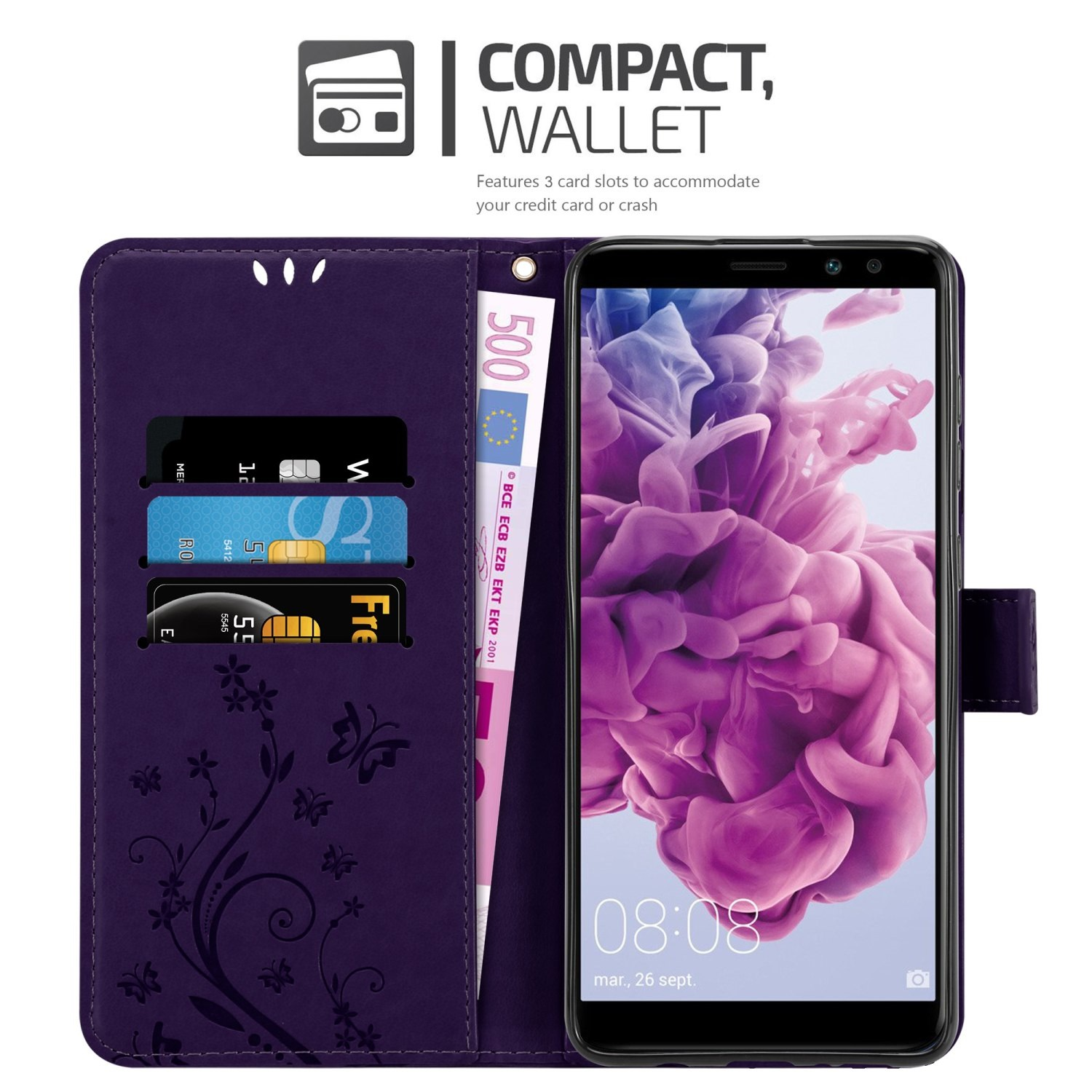 Lila Telefonbrieftasche mit Telefon und Geld darin. Verziert mit floralen Elementen und Schmetterlingen.