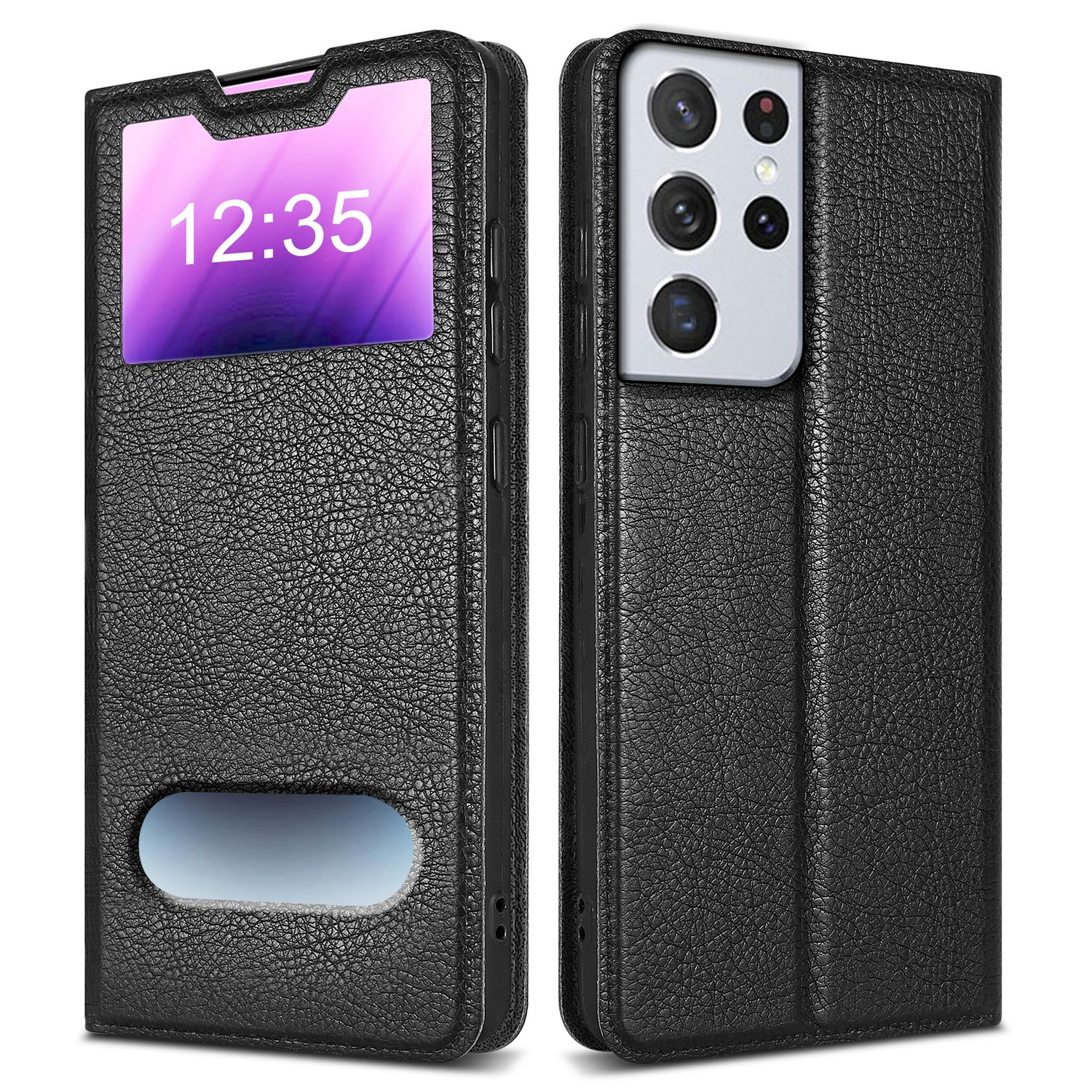 Custodia in pelle nera aperta. Il telefono mostra l'ora. Il retro della custodia è visibile.