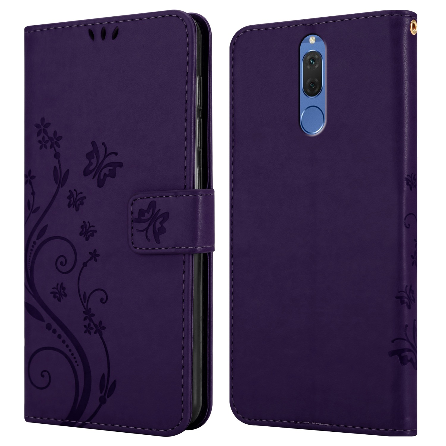 Eine lila Handyhülle mit floralem Design. Es hat eine offene und geschlossene Ansicht.