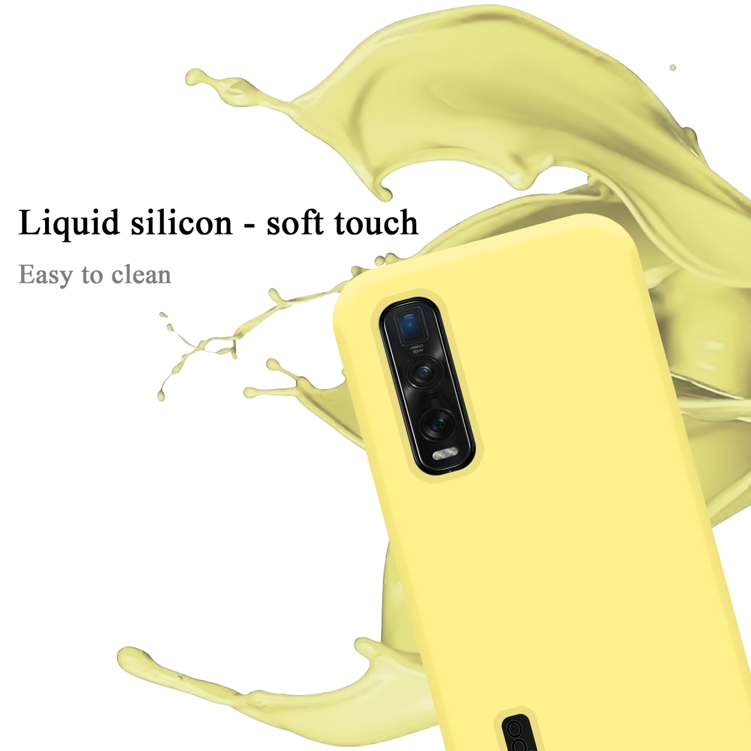 Gelbe Handyhülle mit Flüssigkeitsspritzer. Text: Flüssigsilikon - weiche Haptik, leicht zu reinigen.