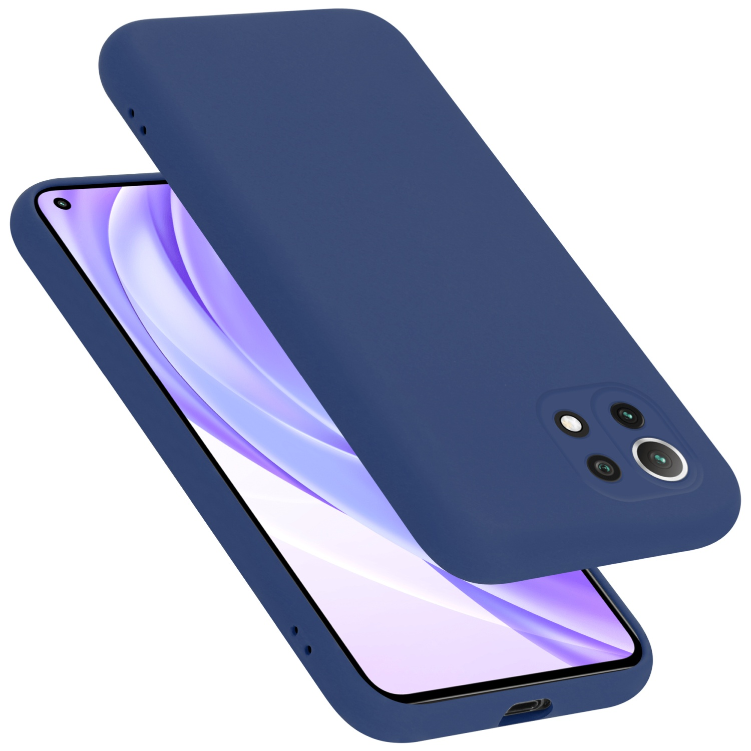Blaue Handyhülle mit einem Telefon darin. Das Telefon ist blau. Die Hülle ist offen und steht.