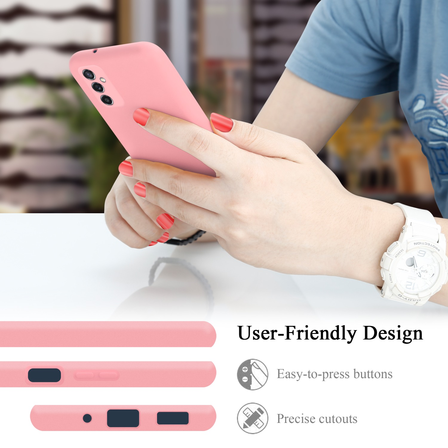 Le mani di una donna tengono un telefono rosa. Le icone mostrano pulsanti facili da premere e ritagli precisi.
