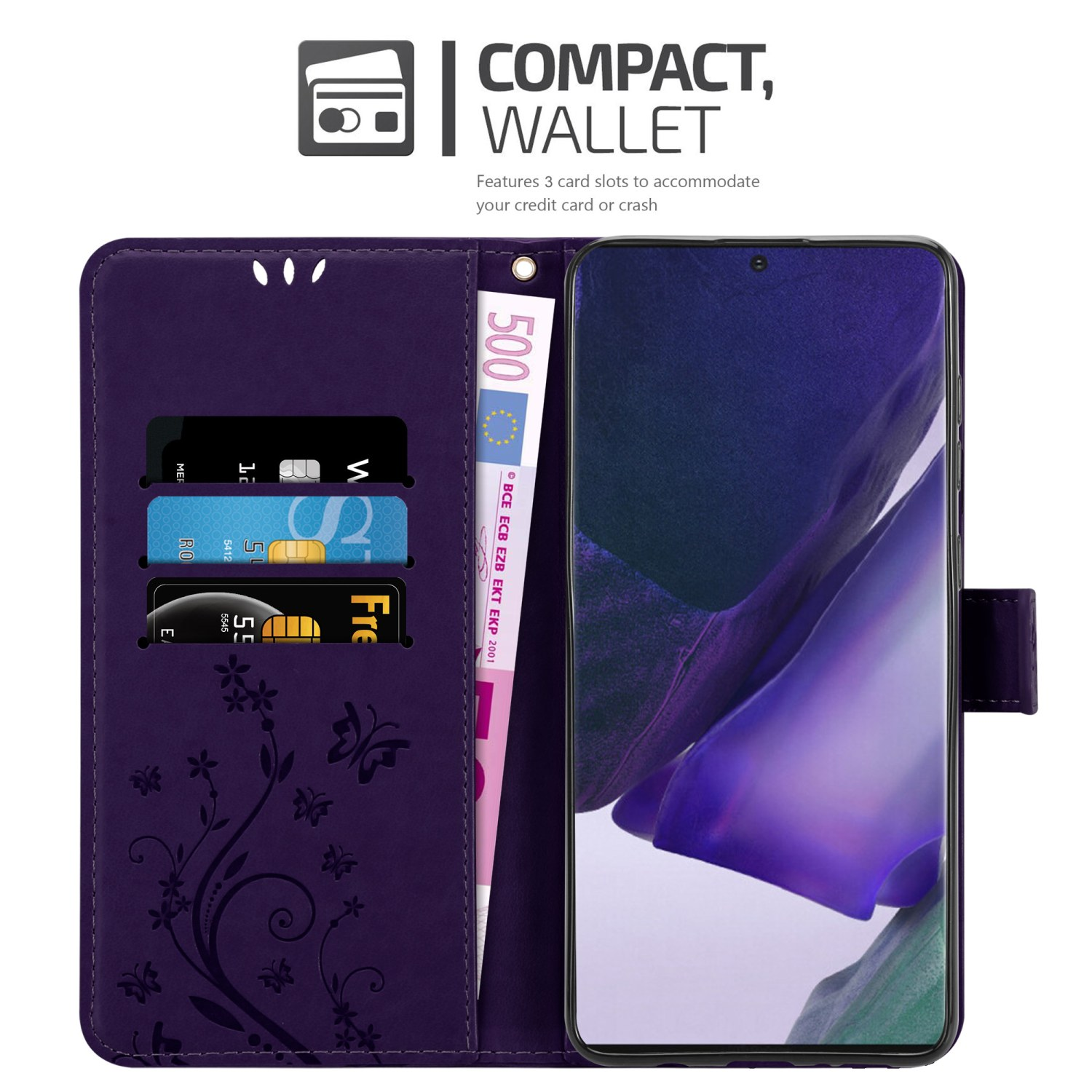 Custodia per telefono viola con telefono e carte di credito all'interno. Testo: Compatto, Portafoglio. Interno decorato.
