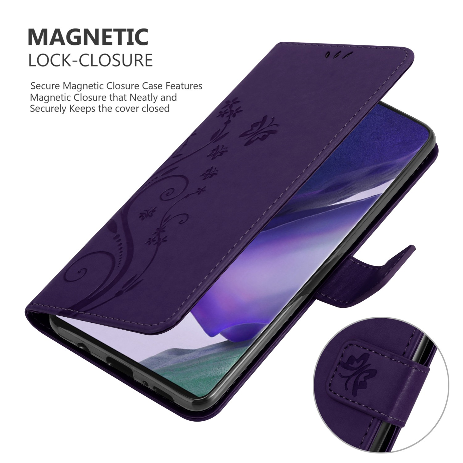Custodia viola con un design floreale. Il telefono è all'interno.
