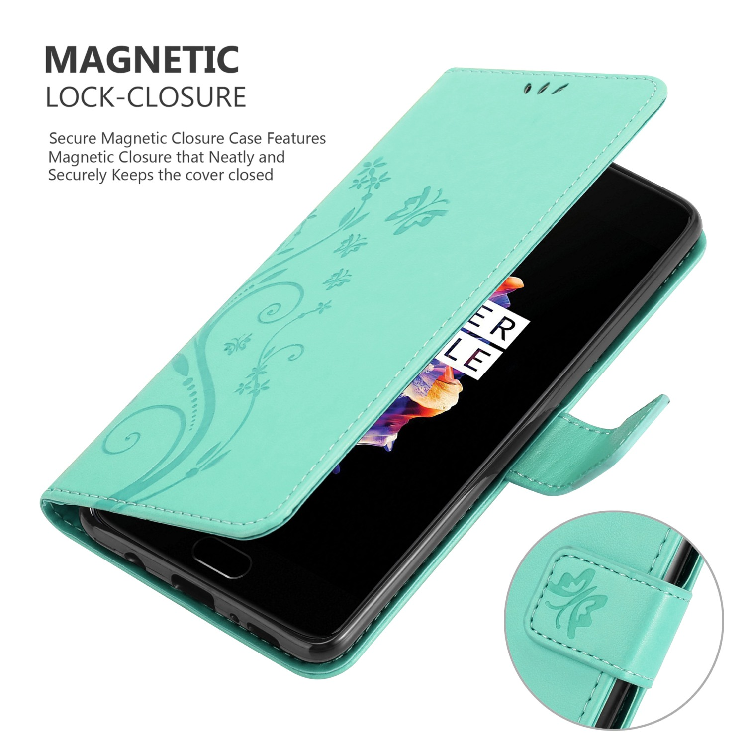 Una custodia per telefono turchese aperta con un design floreale. Il telefono all'interno è visibile, parzialmente aperto.