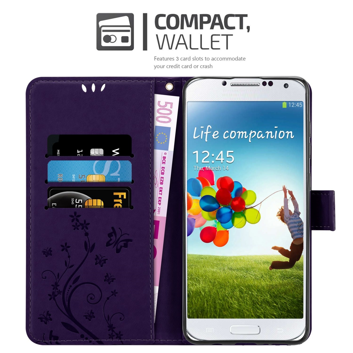 Custodia per telefono viola aperta, con telefono, carte di credito e design floreale.