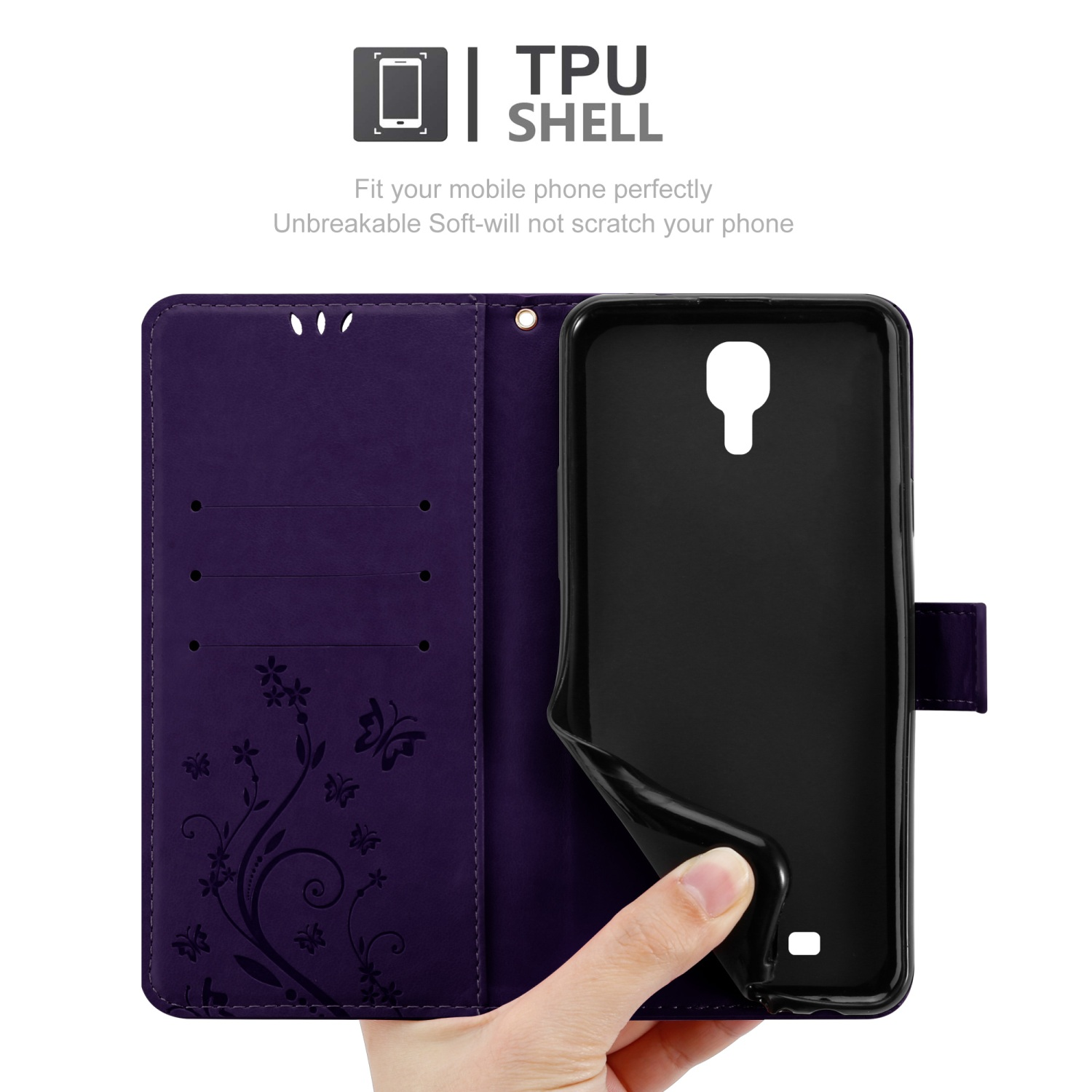 Custodia per telefono viola aperta, che rivela il telefono all'interno. Una mano tiene la custodia. Design a guscio in TPU.