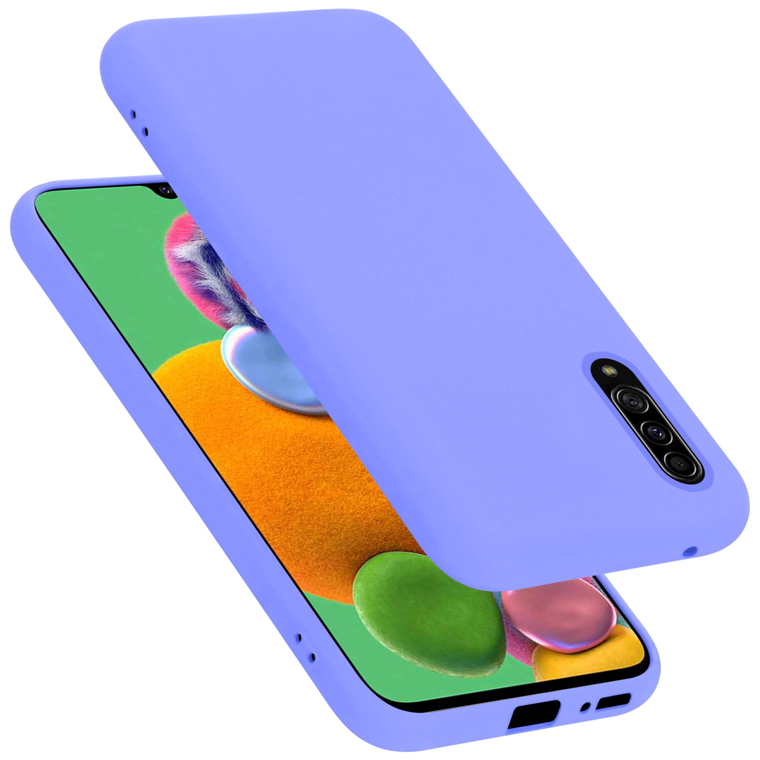 Lilafarbene Handyhülle auf einem Telefon und eine passende Hülle.