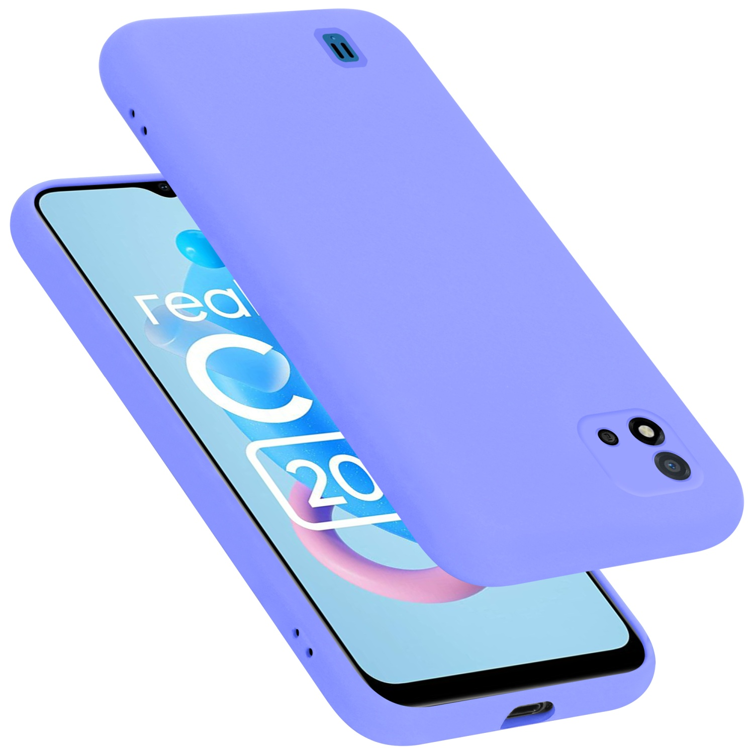 Lila Handyhülle mit Telefon. Das Telefon zeigt das Markenlogo.
