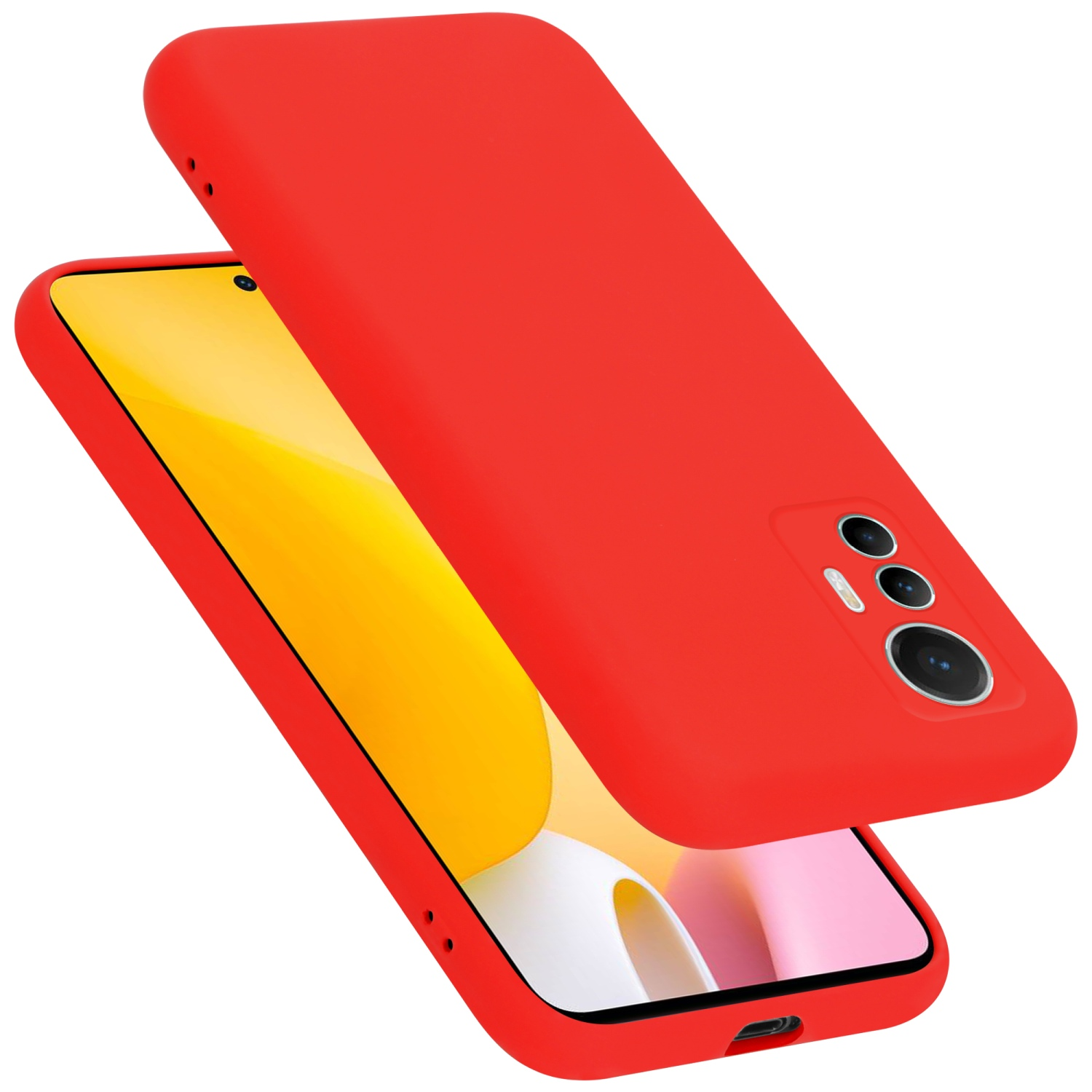 Rote Handyhülle, angewinkelt, mit einem Telefon darin. Der Bildschirm des Telefons ist sichtbar.