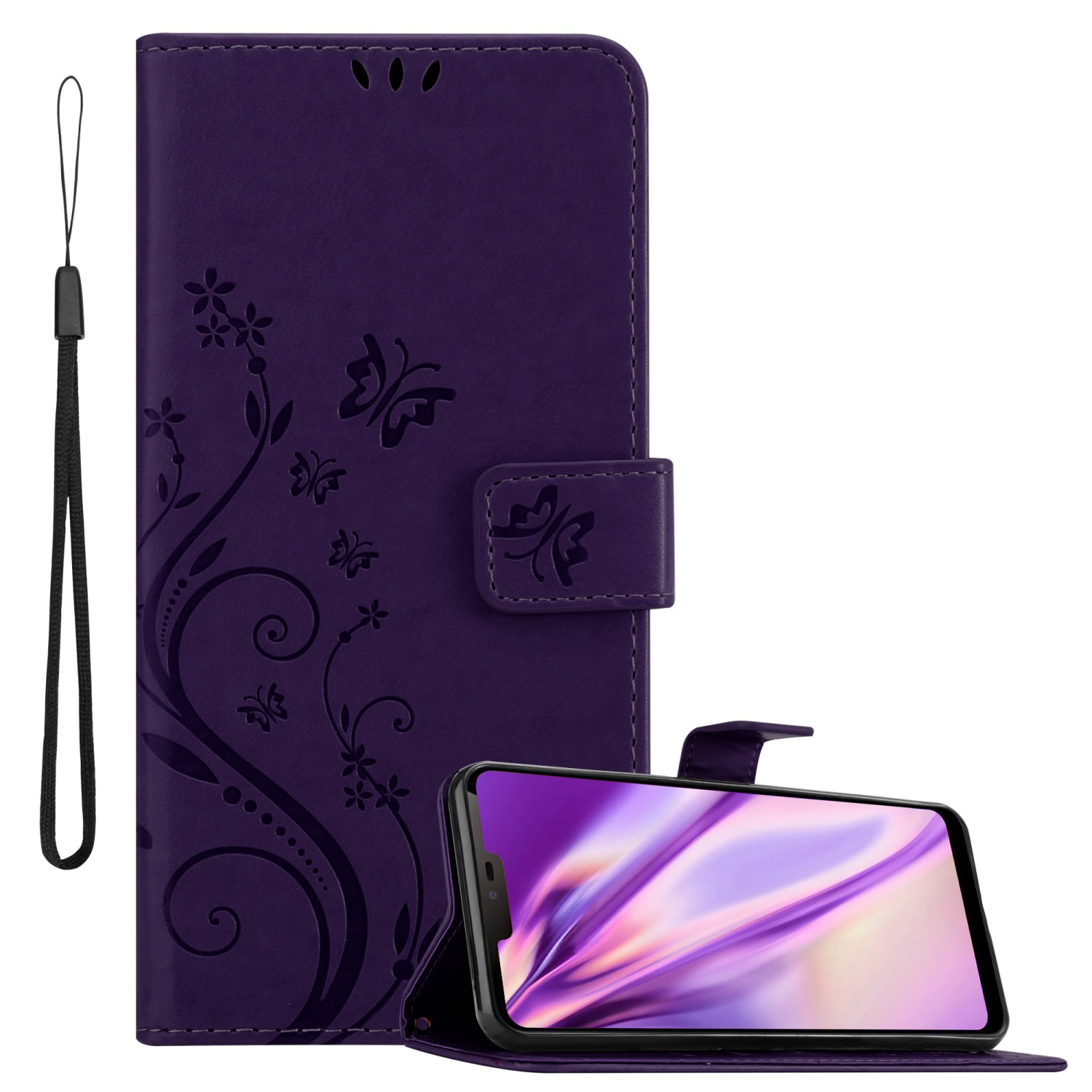 Violette Handyhülle mit Telefon, Blumen- und Schmetterlingsdesign.
