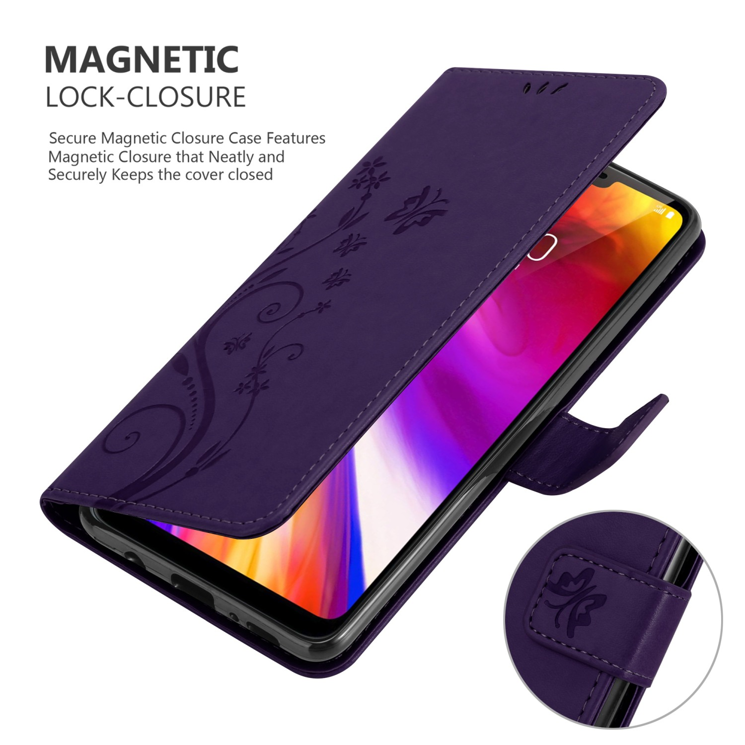 Eine lila Handyhülle ist geöffnet und zeigt ein Telefon. Auf der Hülle ist ein Blumendesign.