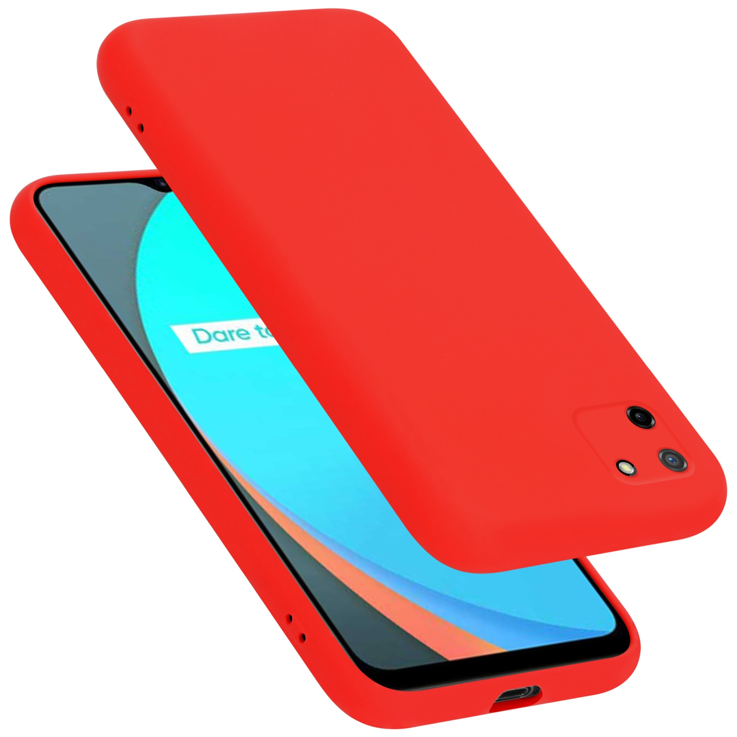 Rote Telefonhülle, zweiteilig, eine bedeckt das Telefon.