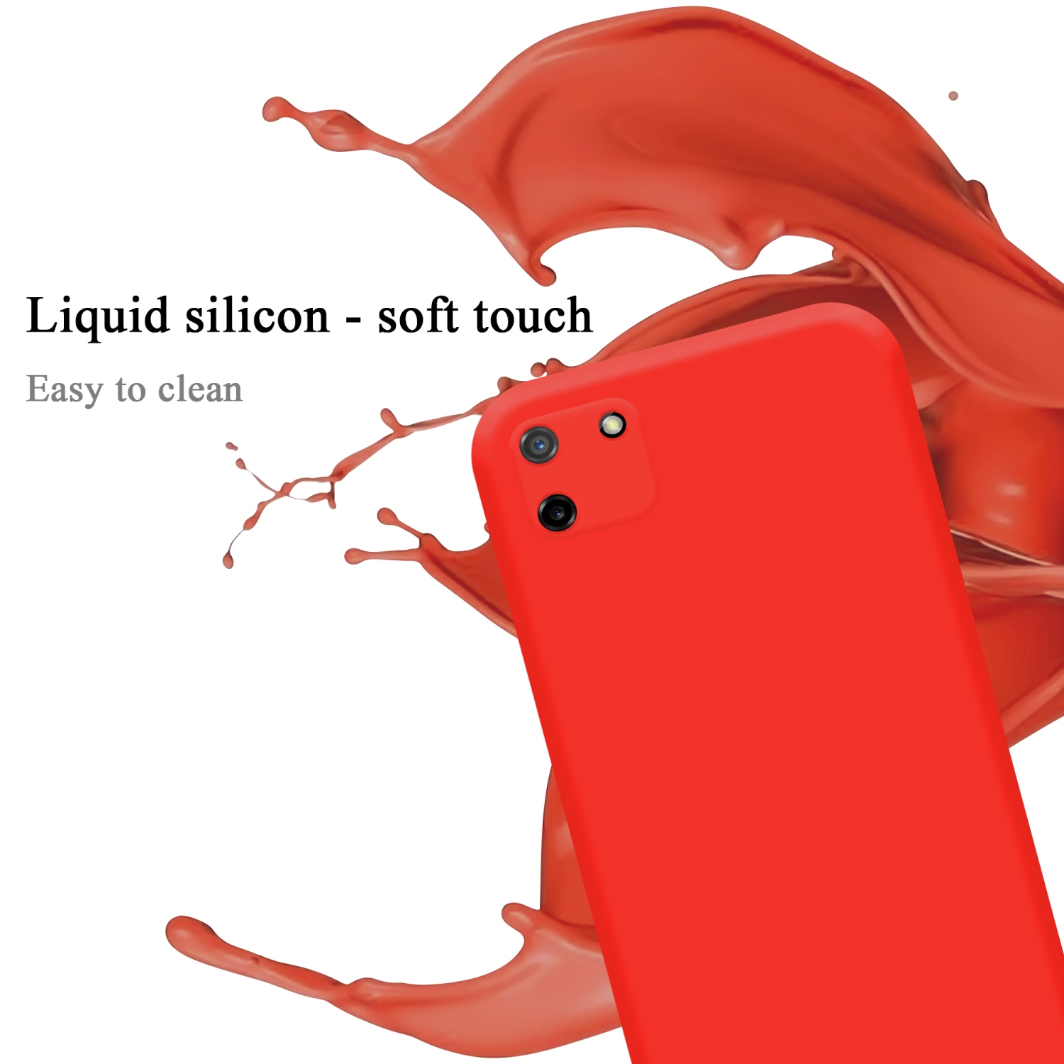 Rote Handyhülle mit Kameras, flüssiges Spritzdesign. Text: flüssiges Silikon, Soft-Touch, leicht zu reinigen.