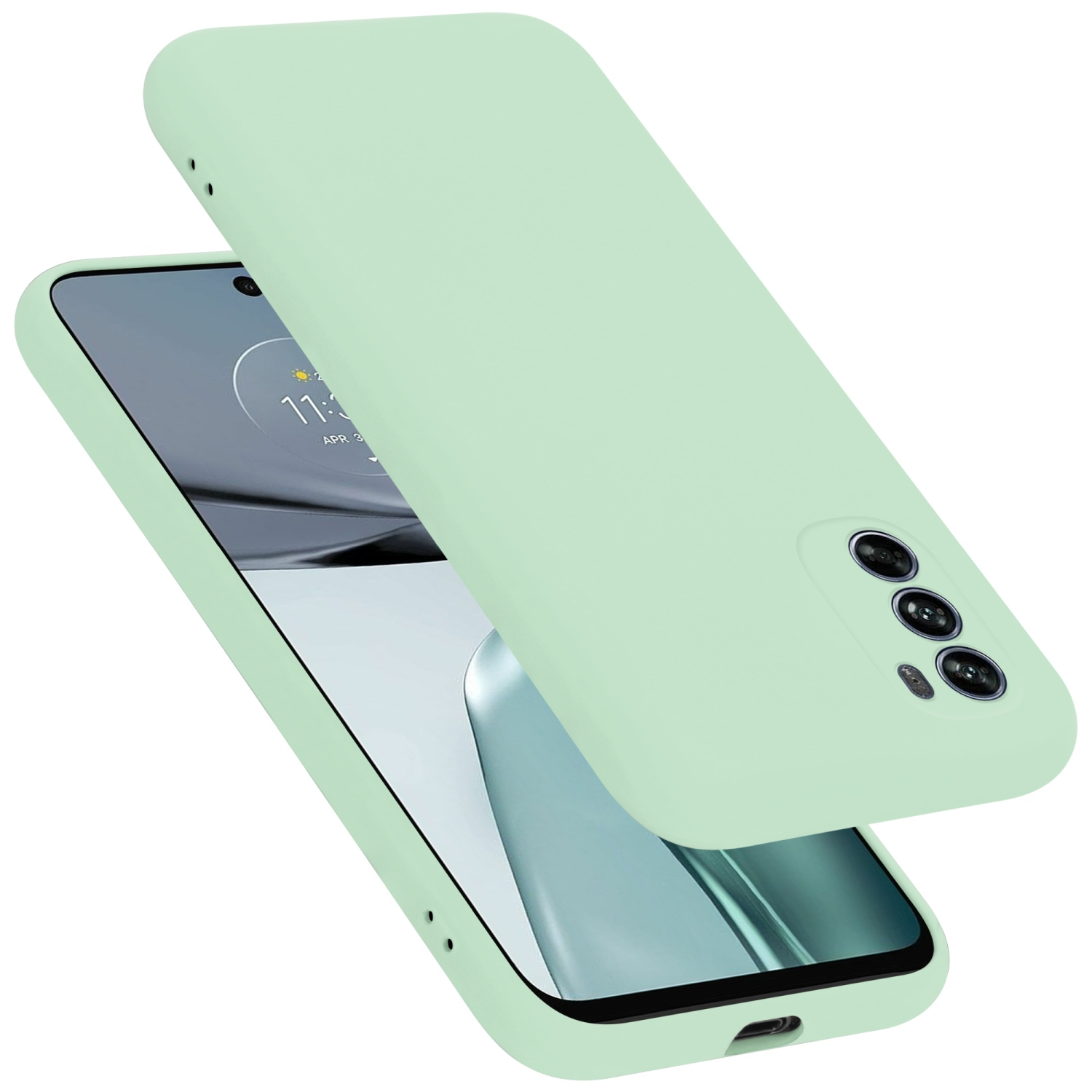 Grüne Handyhülle und Telefon. Das Telefon zeigt einen grauen und lila Bildschirm.