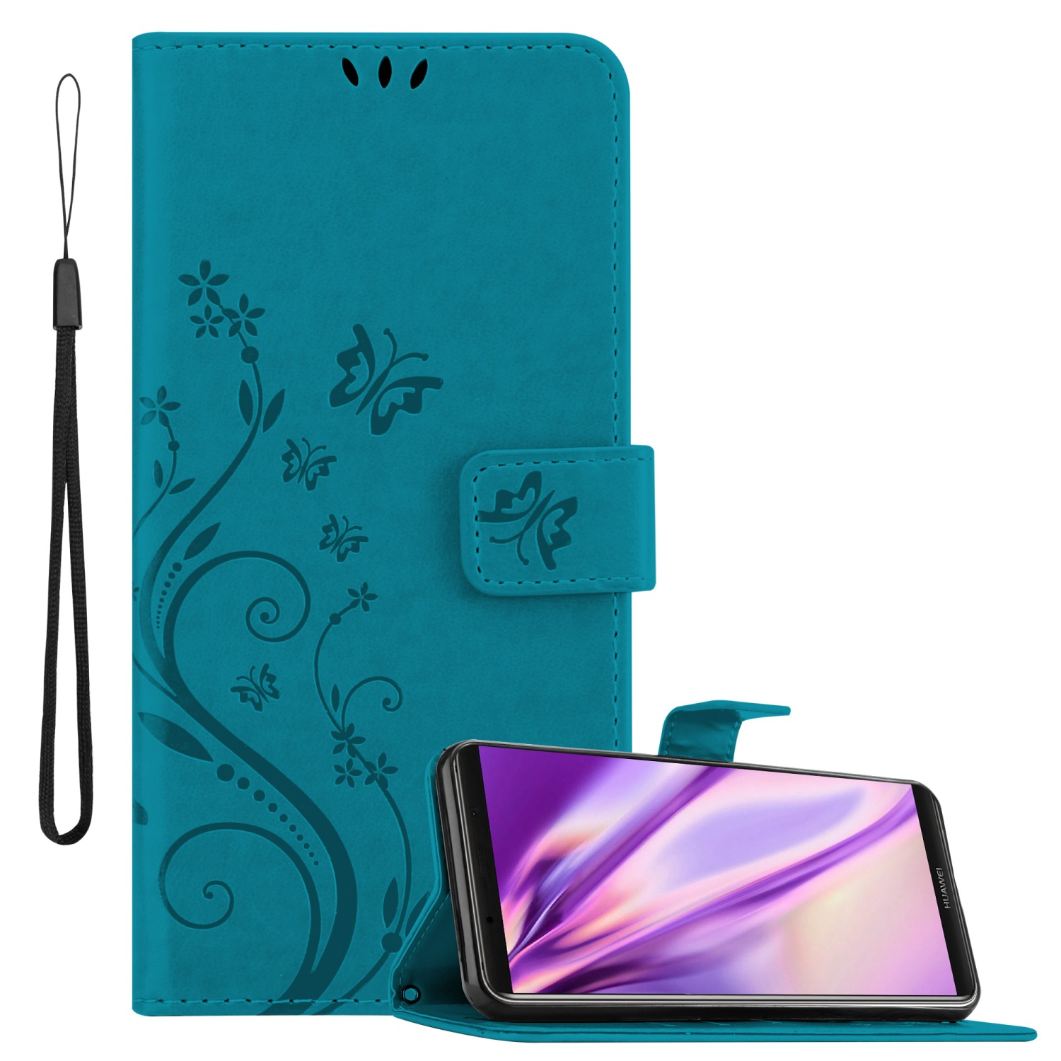 Étui de téléphone turquoise avec téléphone, motif floral, fond blanc.