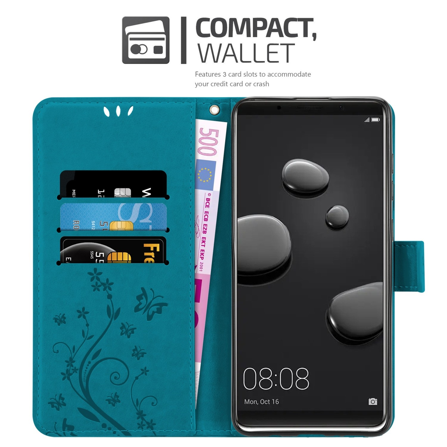 Türkisfarbene Handyhülle im Brieftaschenstil, geöffnet, zeigt Karten, Geld und Telefon. Blumendesign.