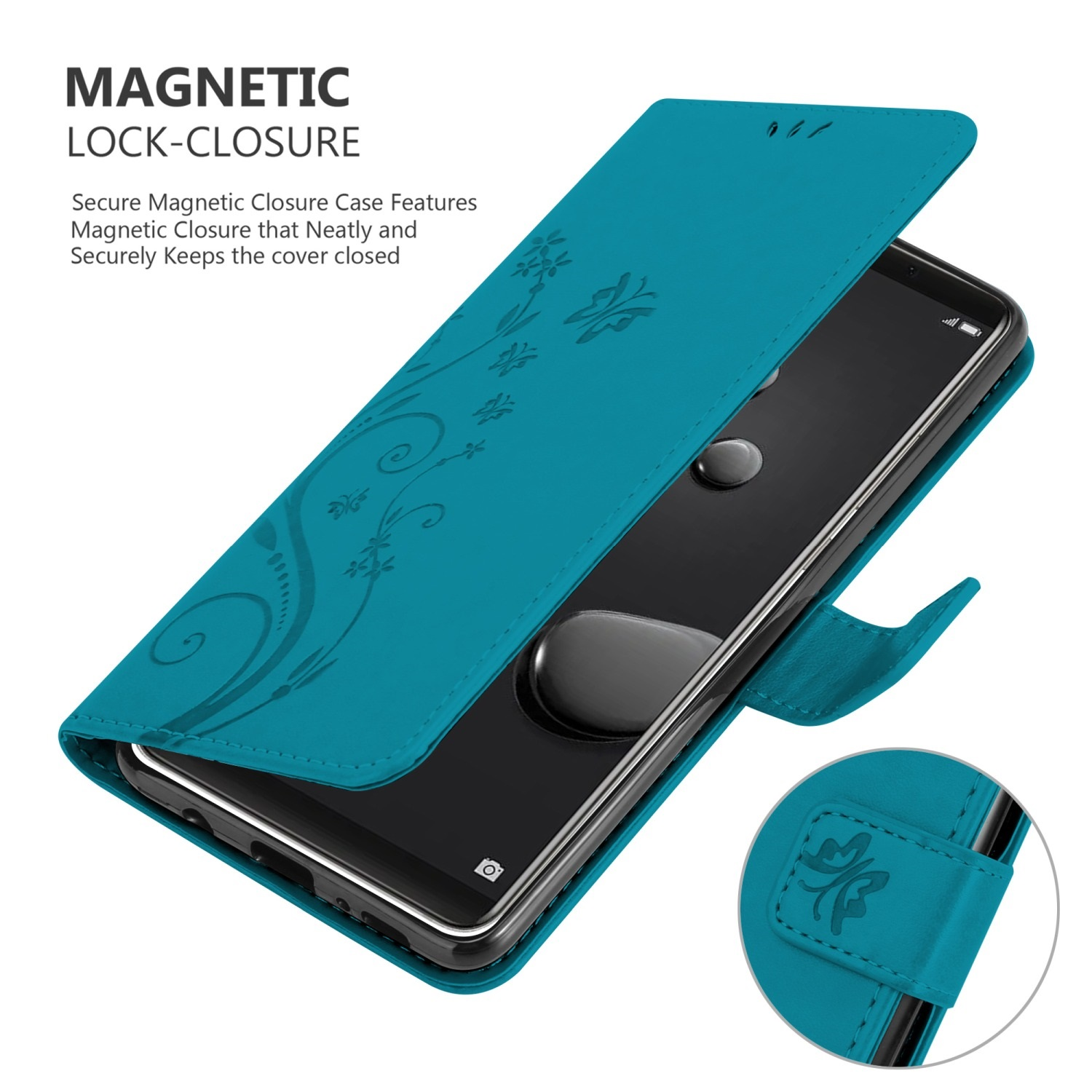 Türkisfarbene Handyhülle geöffnet, mit einem schwarzen Telefon und Magnetverschluss.