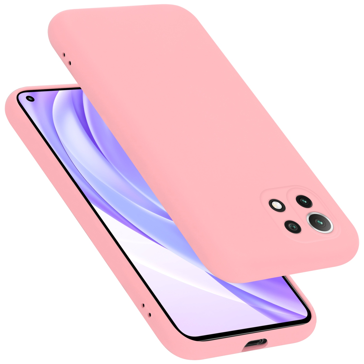 Rosa Handyhülle mit Telefon. Die Handyhülle befindet sich über dem Telefon. Das Telefon ist rosa.